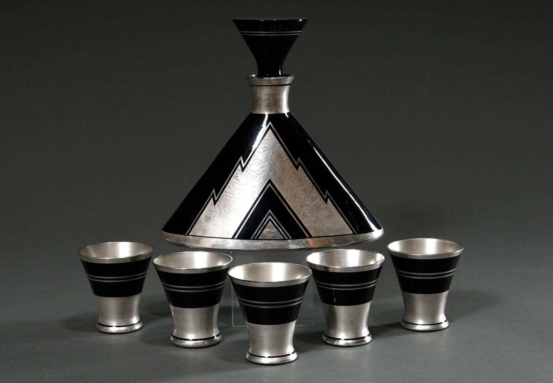 6 pieces Art Deco liqueur service in black glass with geometric silver overlay: cone-shaped carafe