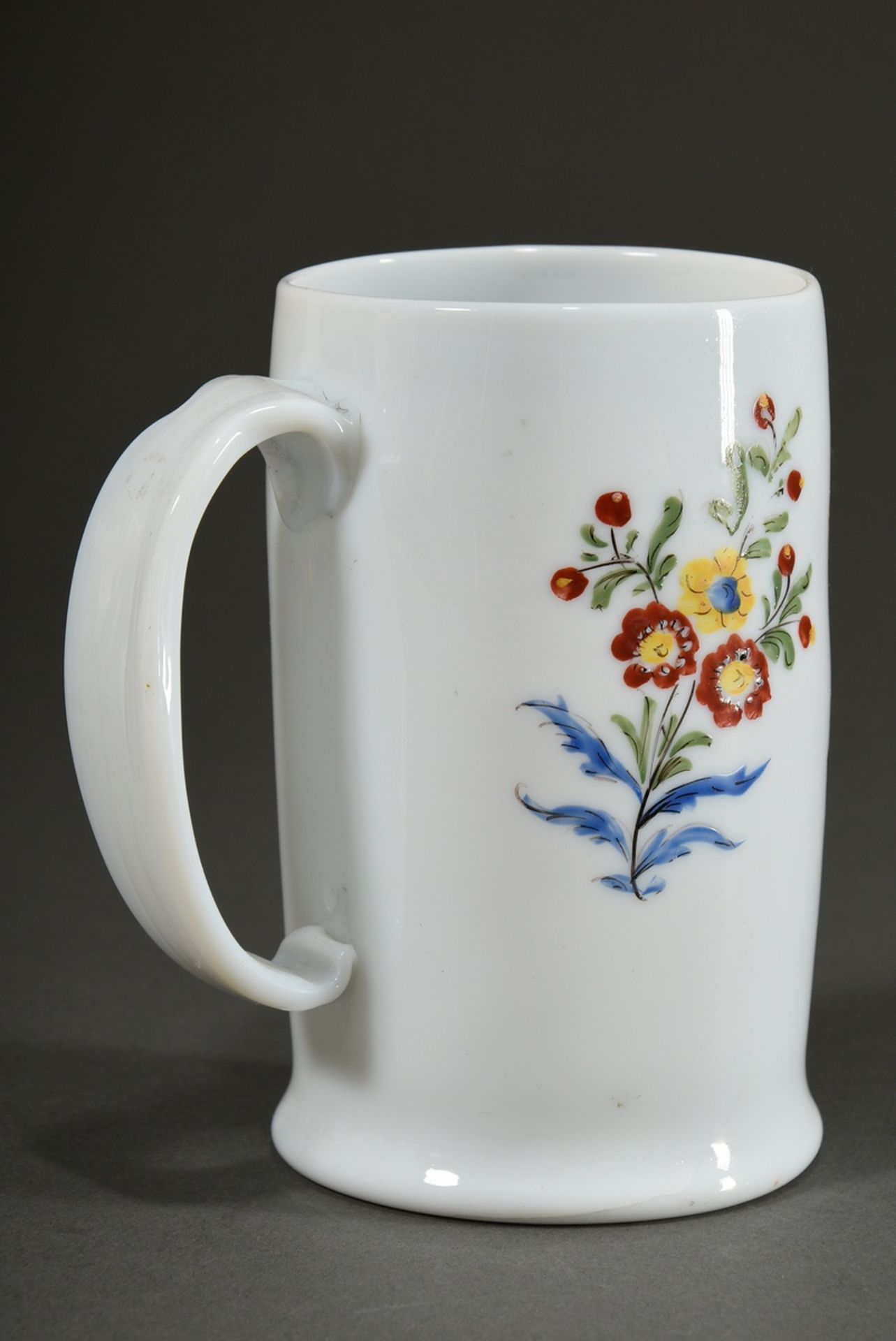 Masonic milk glass roller jug with coloured enamel painting in floral decorated cartouche, ribbon h - Image 3 of 4