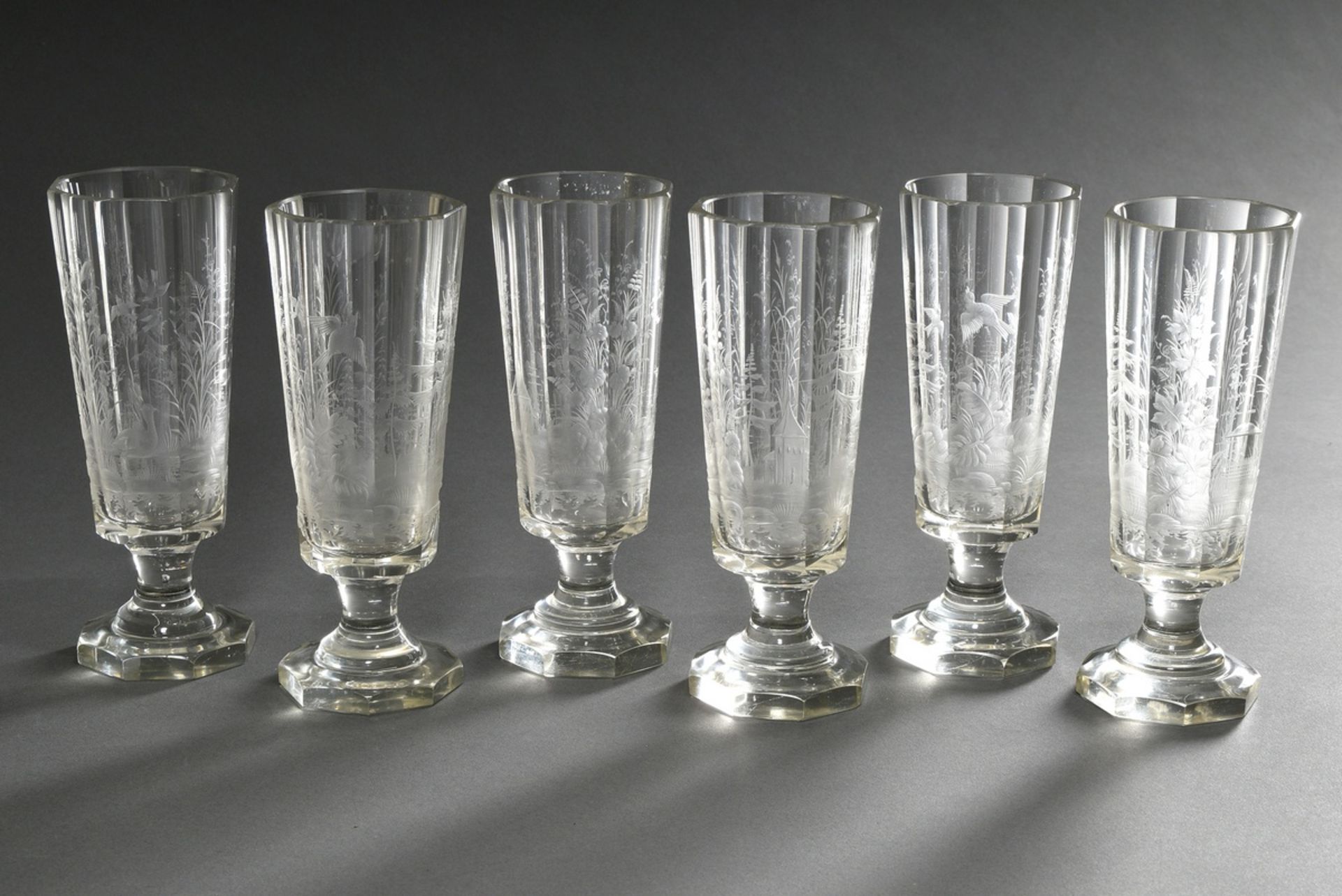 6 tall glasses with faceted walls and fine deep cut decoration "Wild birds in forest landscapes", a