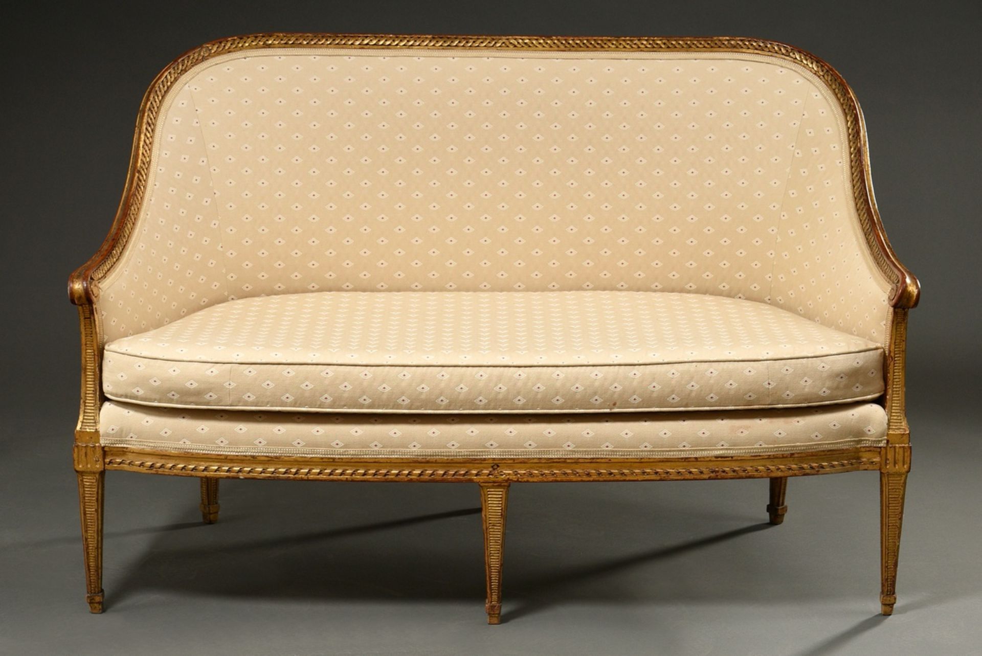 Kleines Louis XVI Sofa mit geschwungenem Gestell auf 5 Beinen, geschnitzte Bandprofile und Rillen i