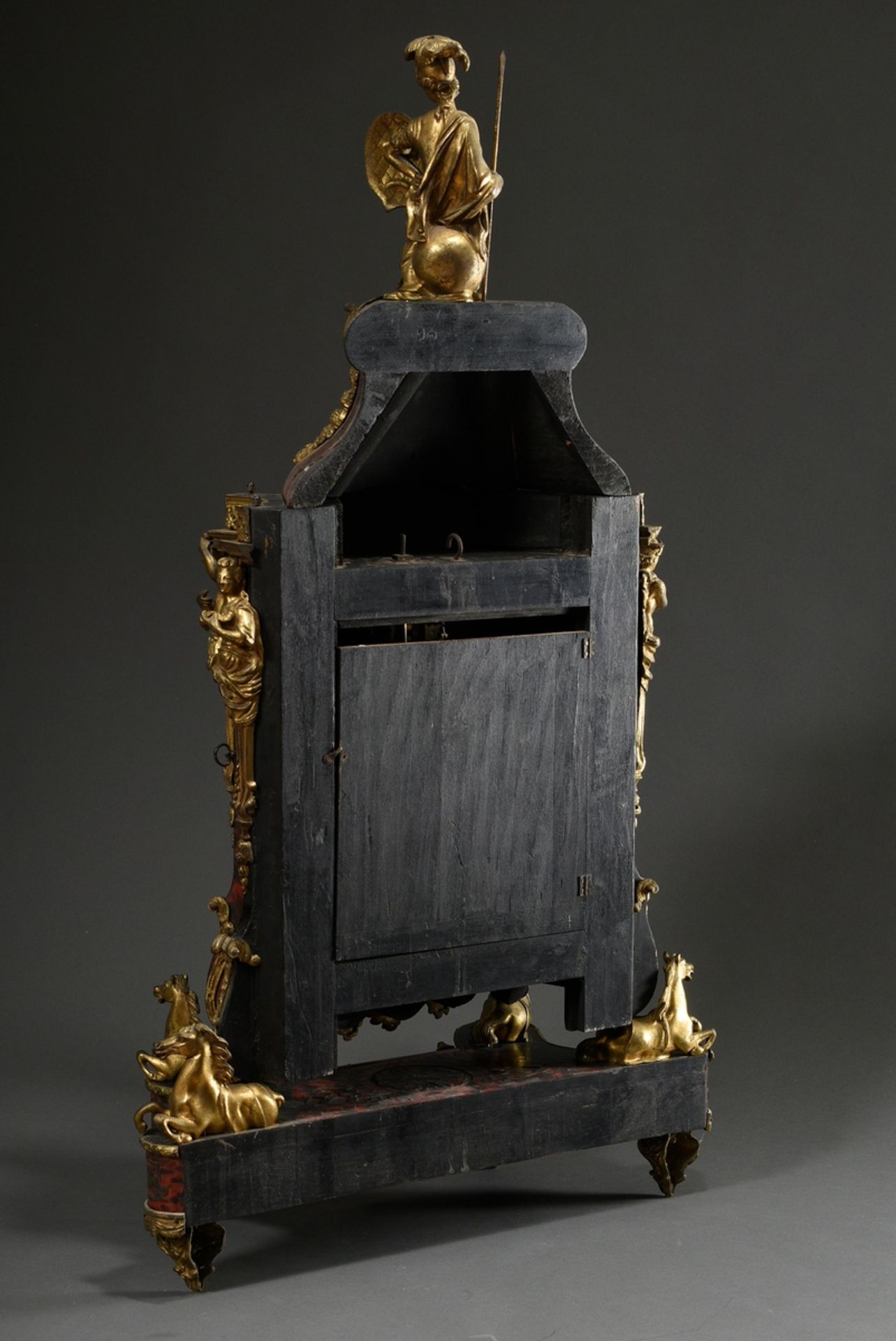 Large Boulle state pendulum with fire-gilded bronzes on wall console in Louis XVI style, red-brown - Image 12 of 17