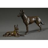 2 Diverse Kleinplastiken "Schäferhunde", Bronze fein ziseliert, um 1900/1920, H. 4,5/9,7cm, Montier