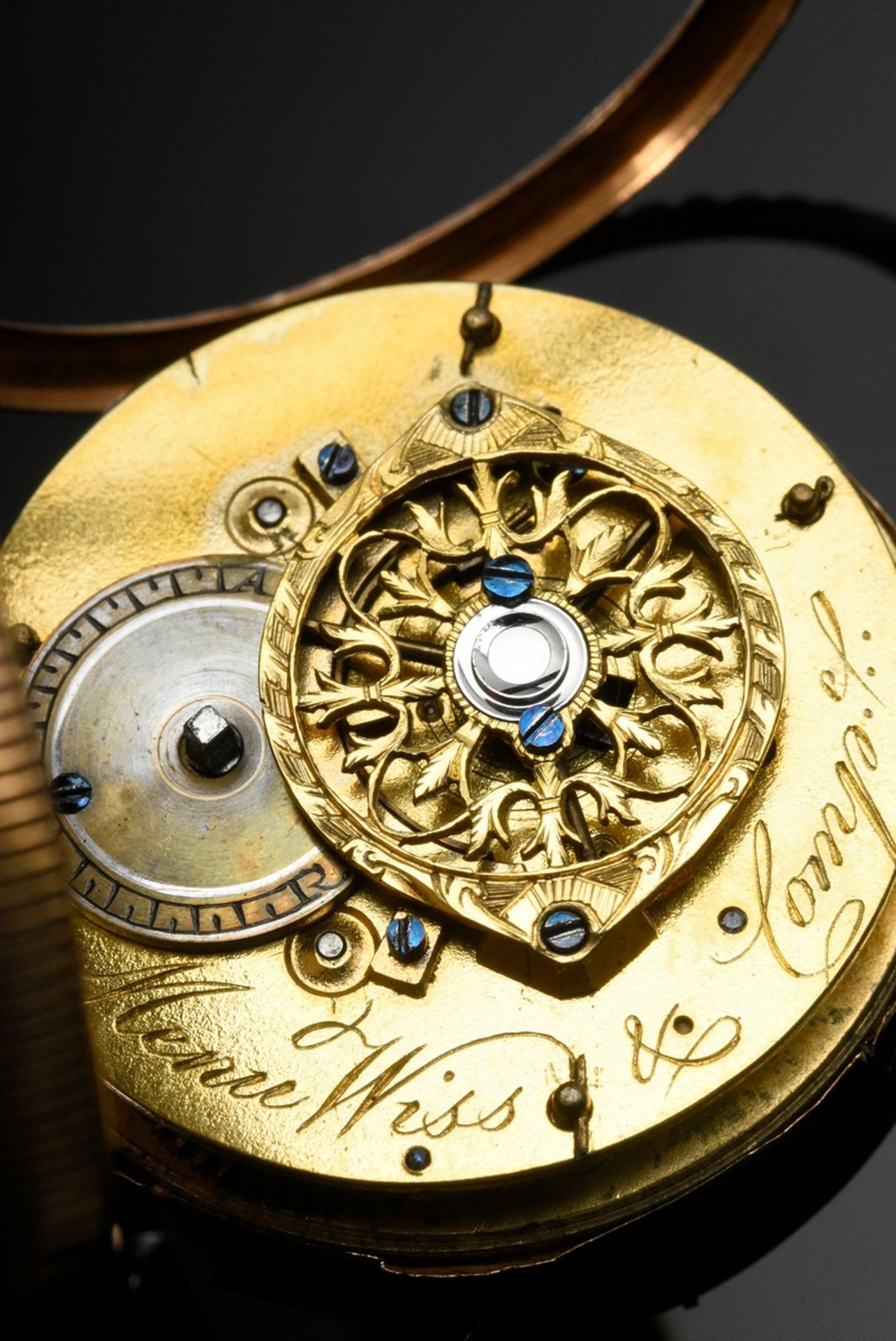 Spindle pocket watch in fine guilloché yellow gold 750 case with seed pearl lunettes, Roman numeral - Image 5 of 7