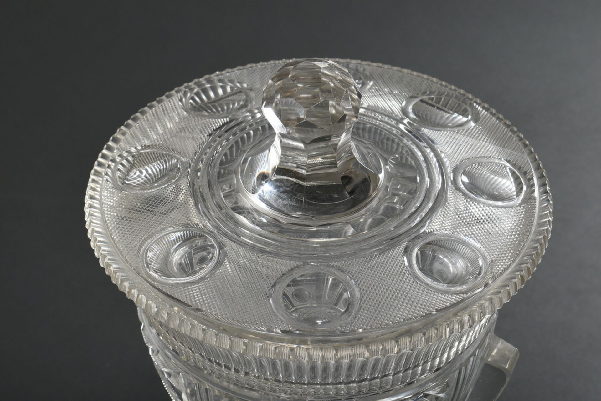 Very large crystal lidded goblet with rich groove, waffle and olive cut and 4 attached handles, pro - Image 2 of 4