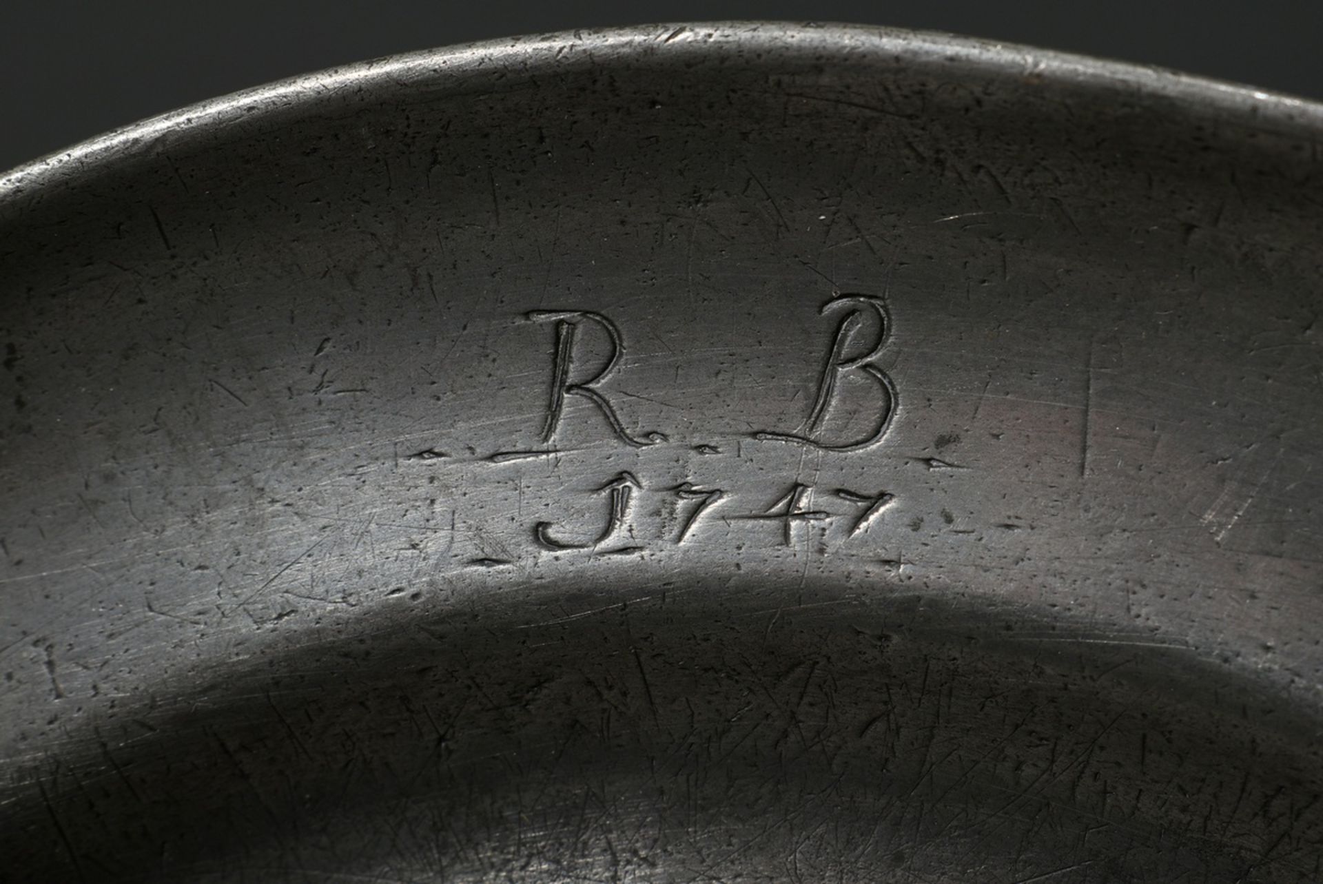 3 Various small pewter plates with engraved date "1747" and different monograms "C.F.R"/"A.R.B" and - Image 4 of 11