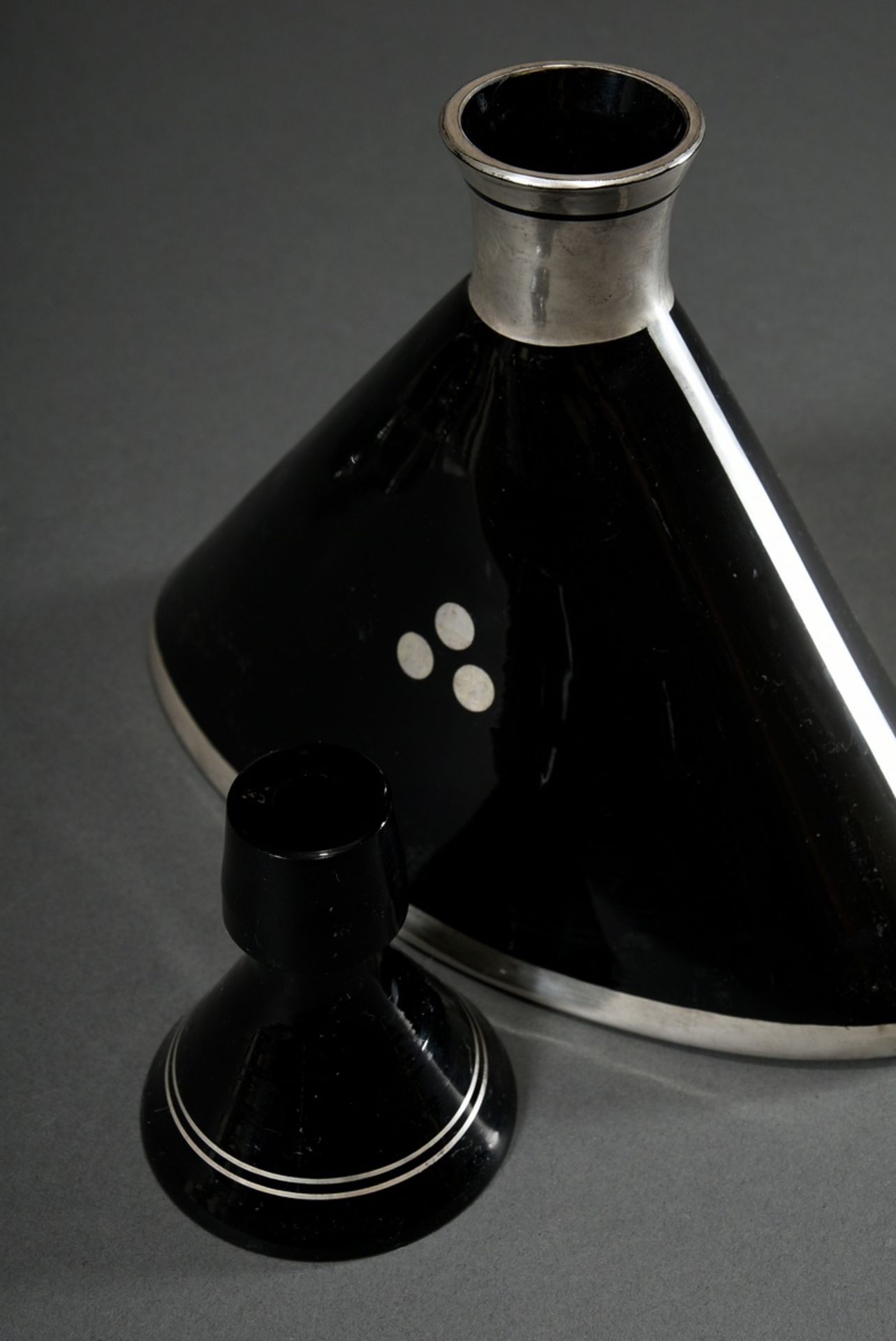 6 pieces Art Deco liqueur service in black glass with geometric silver overlay: cone-shaped carafe - Image 7 of 7
