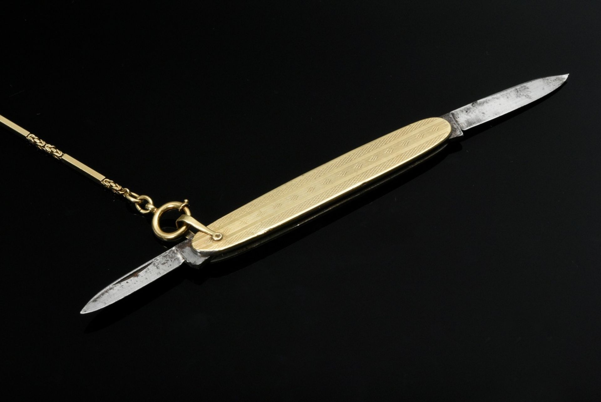 2 Various yellow gold 585 pieces: 1 pocket knife with yellow gold mantle over steel blade and inner - Image 2 of 3
