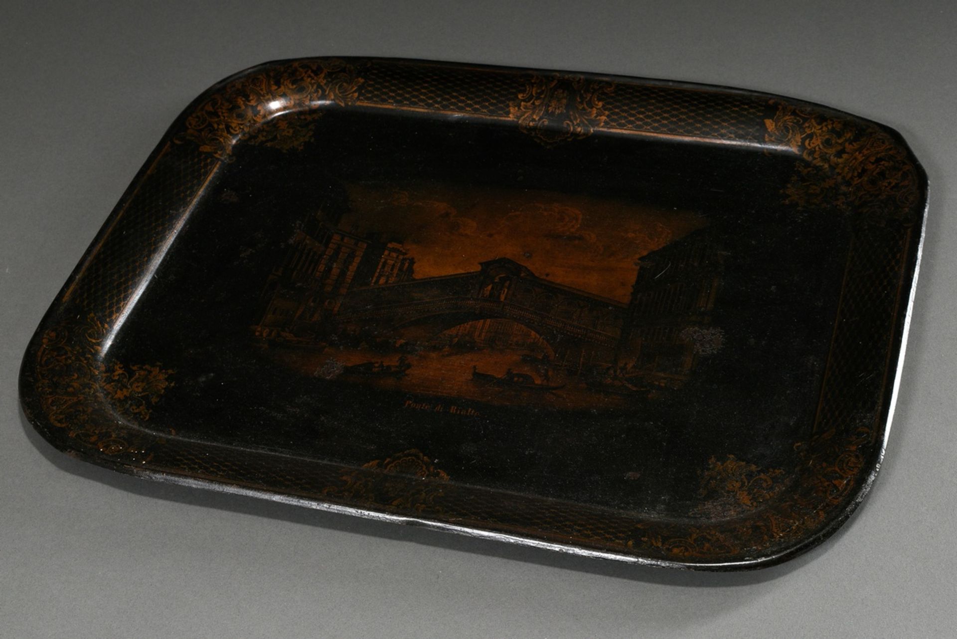 Rectangular Biedermeier tin tray with gold print on black background "Ponte di Rialto" in ornamenta - Image 2 of 6