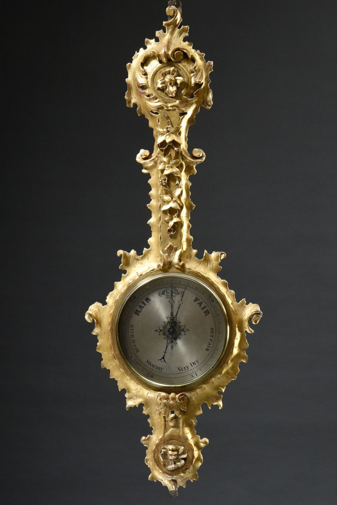 Decorative late Biedermeier barometer in a vegetal carved and gilded wooden case, around 1860/1870,