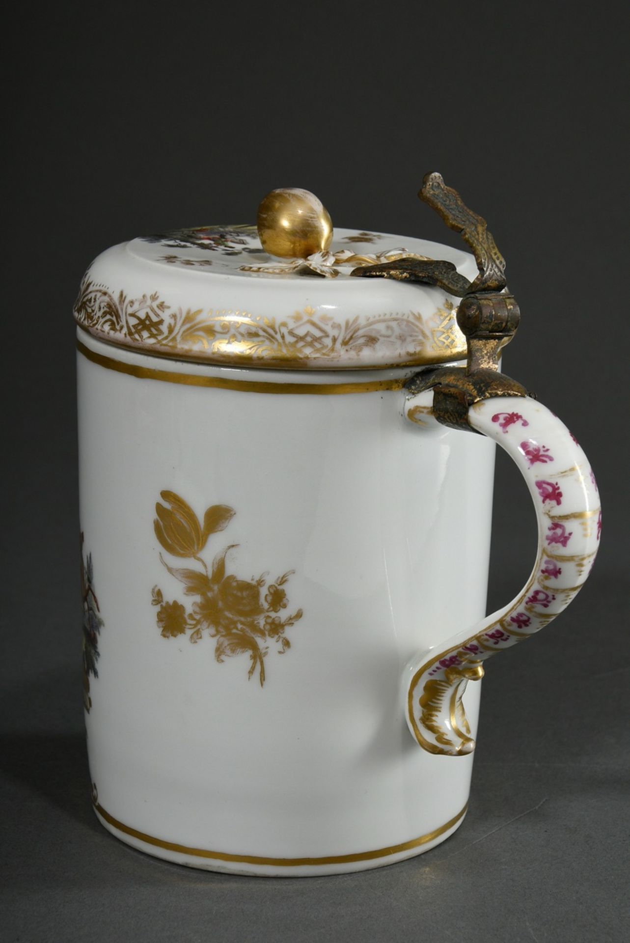 Porcelain cylindrical jug with polychrome scenes "Hirschhatz und Jäger" on the front and body as we - Image 3 of 8
