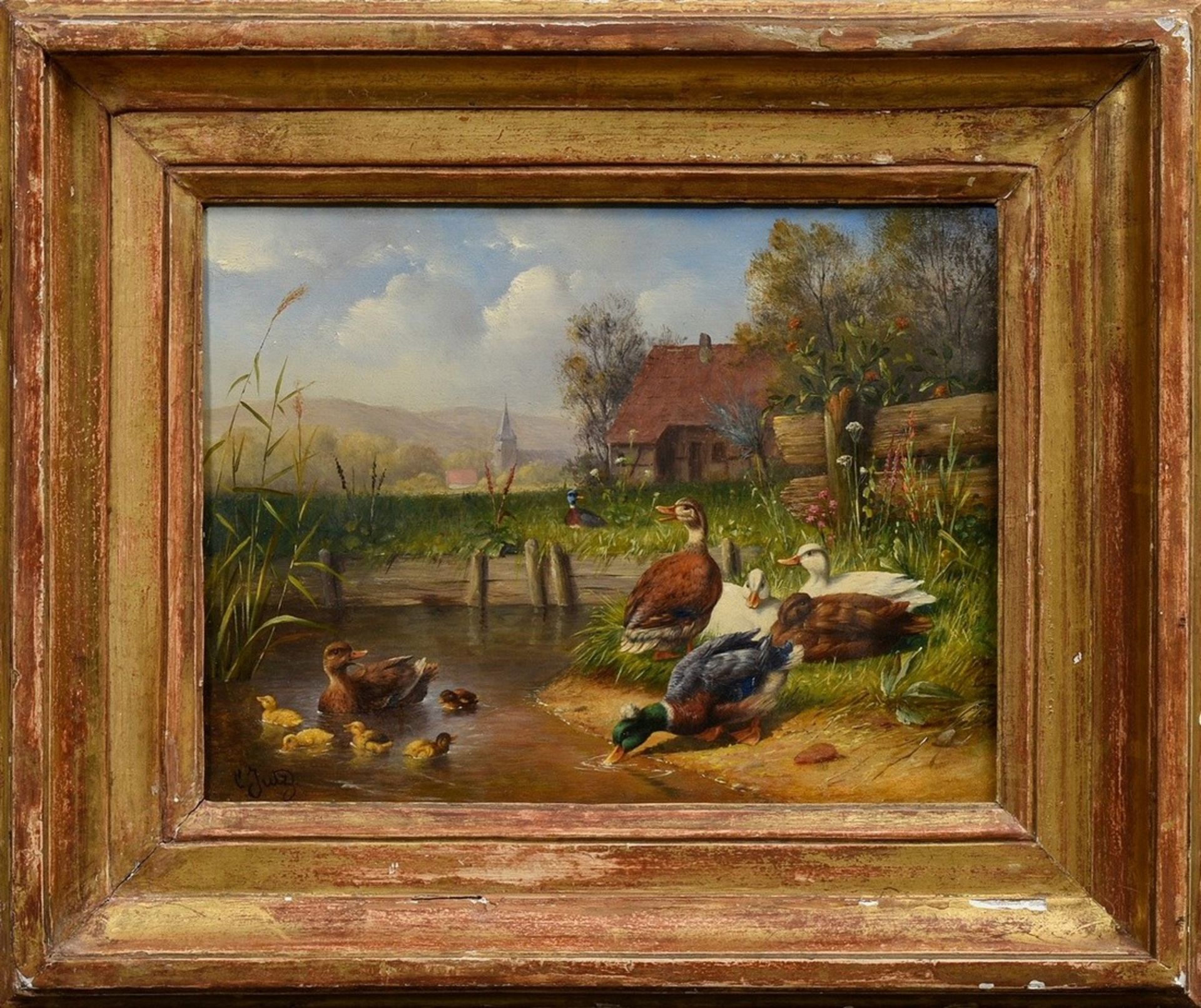 Jutz, Carl d. Ä. (1838-1916) "Enten und Küken am Hofteich", Öl/Holz, u.l. sign., 19,5x26cm (m.R. 32 - Bild 2 aus 5