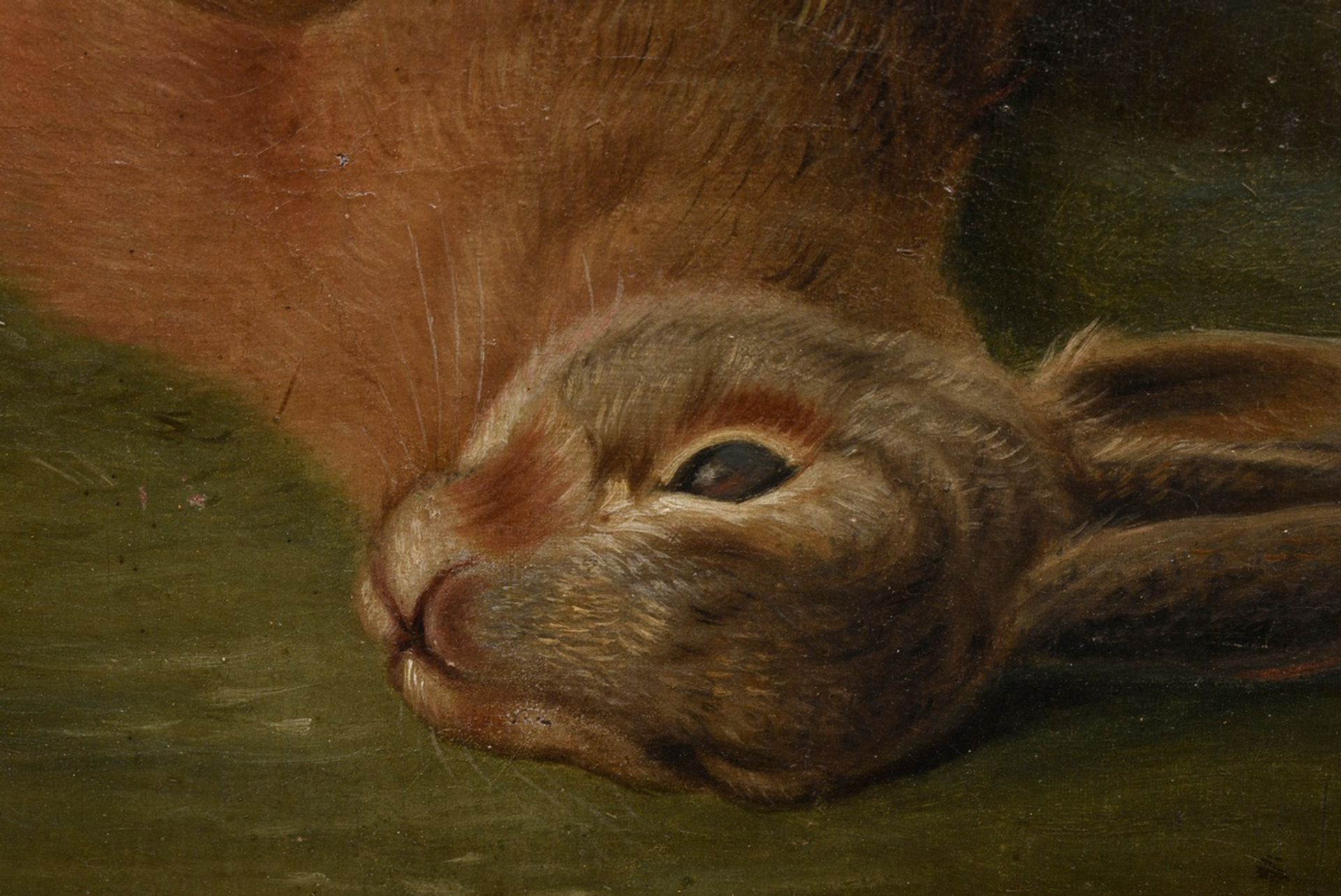 Unknown painter of the 19th c. "Hunting prey fox and hare", oil/canvas doubled, 71,5x84cm (w.f. 86, - Image 4 of 8