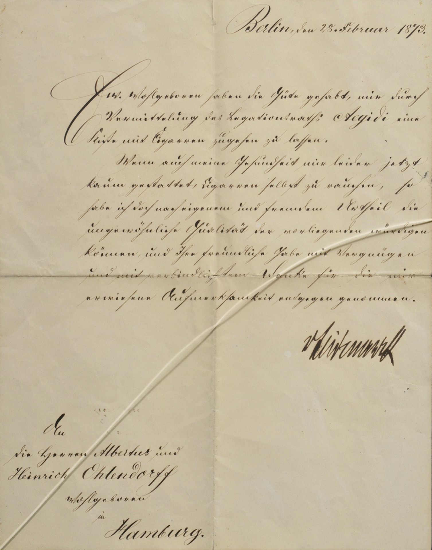 Autograph Otto von Bismarck (1815-1898) "Thank you letter to Heinrich Ehlendorff for cigars" from 1