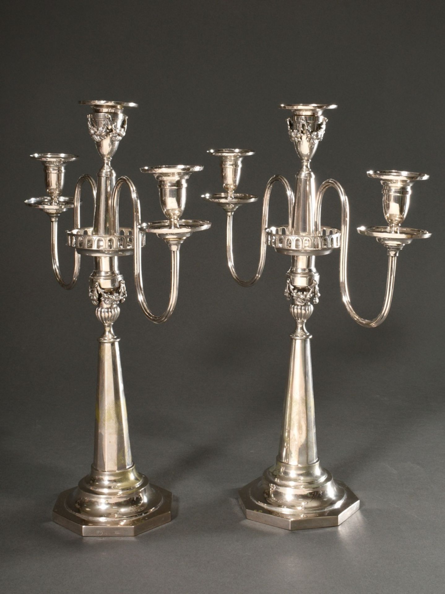 Pair of classicistic two-flame girandoles on an octagonal foot with conical faceted shaft and sculp - Image 3 of 6
