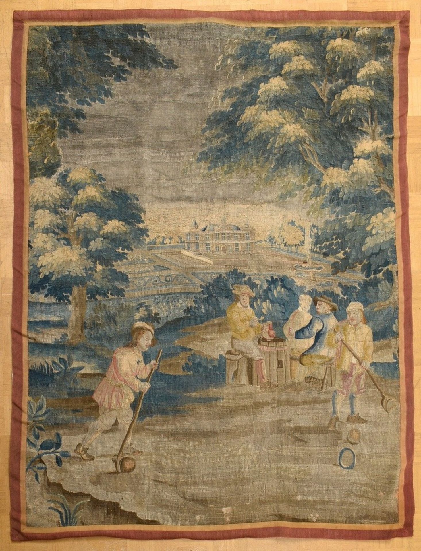 Antique tapestry "Paille Maille playing persons in front of castle architecture", wool/cotton, nort