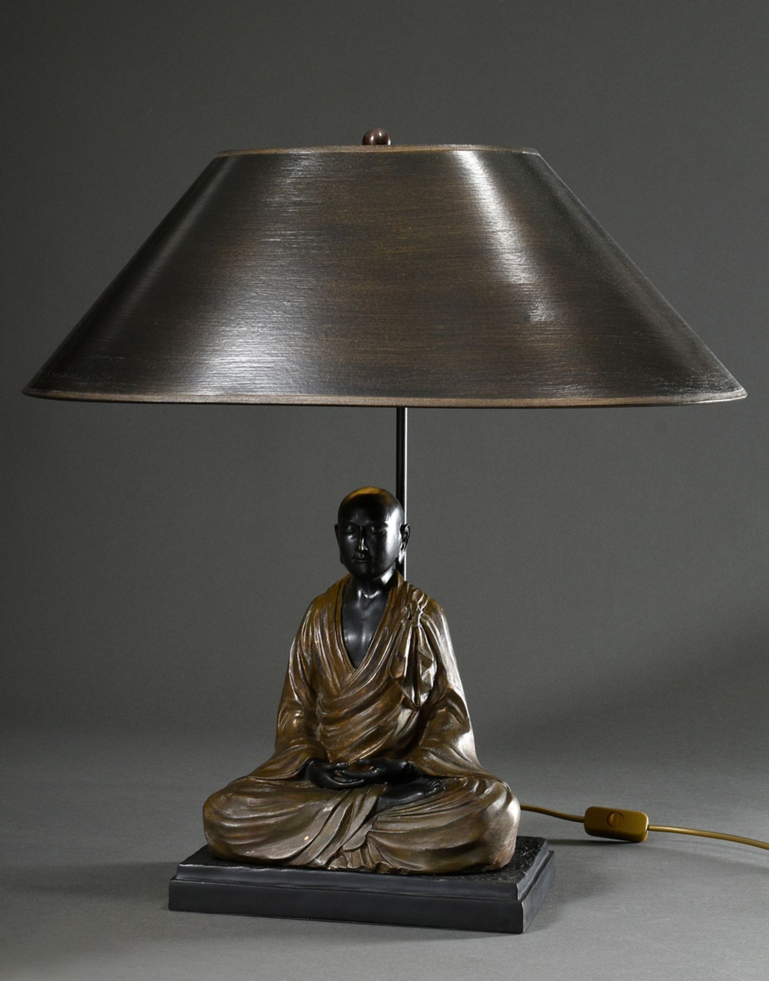 Modern table lamp with Asian figure "Meditating monk", painted metal, probably China 20th c., h. 63