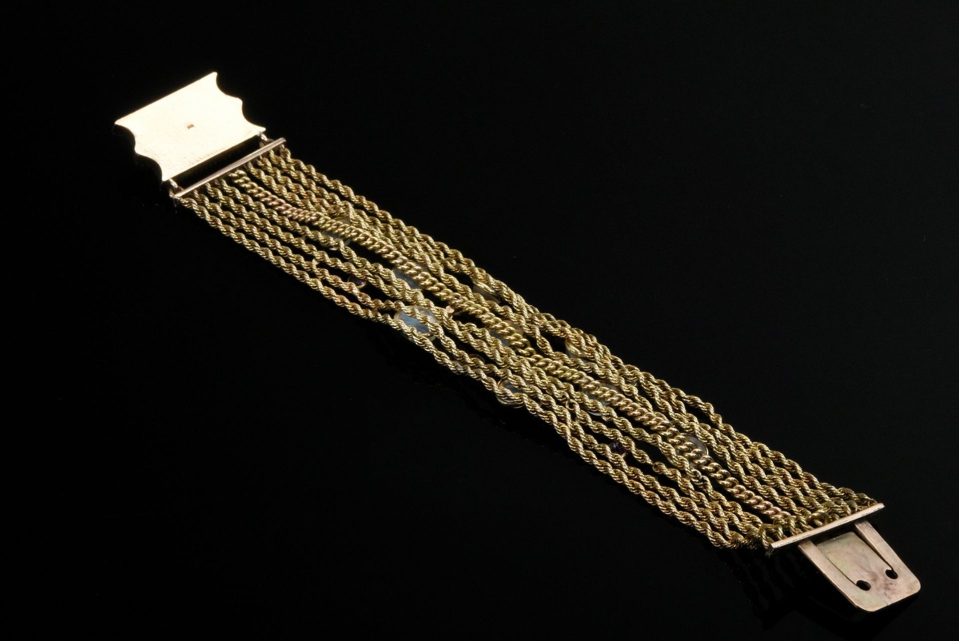 Multi-strand yellow gold 585 bracelet with moonstones and rubies and red gold 750 clasp, 36.9g, l.  - Image 5 of 6