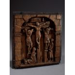 Schrank- oder Türfüllung Reliefschnitzerei „Kreuzigung“, Eiche geschnitzt, Norddeutsch um 1600, 30x
