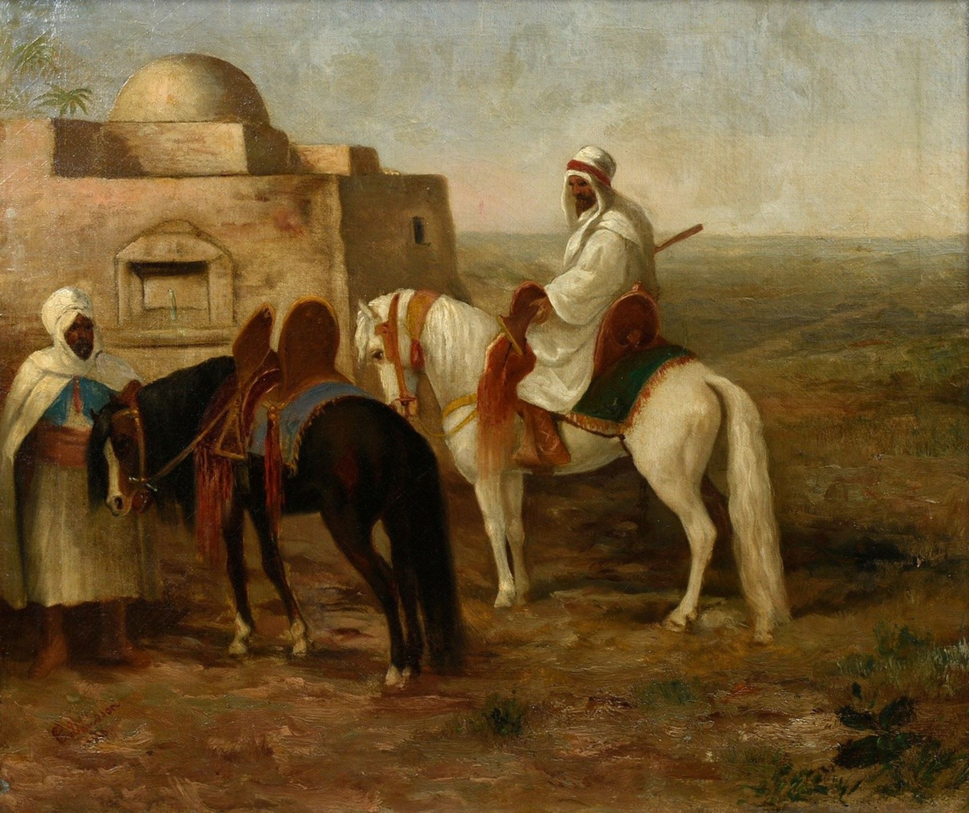 Davidson, Charles Grant (1824-1902) "Zwei Araber mit Pferden außerhalb der Stadt", Öl/Leinwand wohl