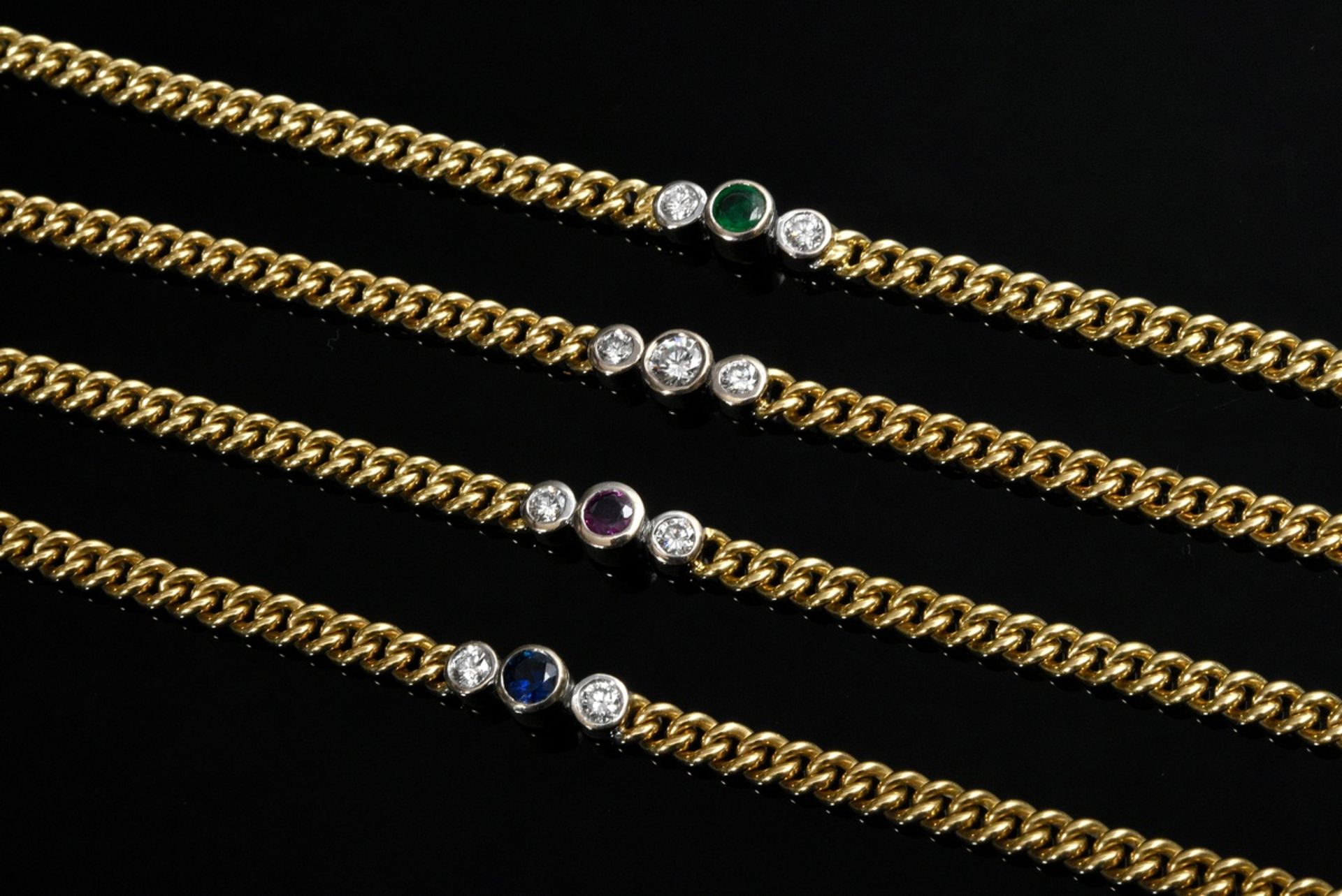 4 yellow gold 750 round bracelets with emerald, ruby, sapphire (each 0.15ct) and 9 brilliants (toge - Image 2 of 2