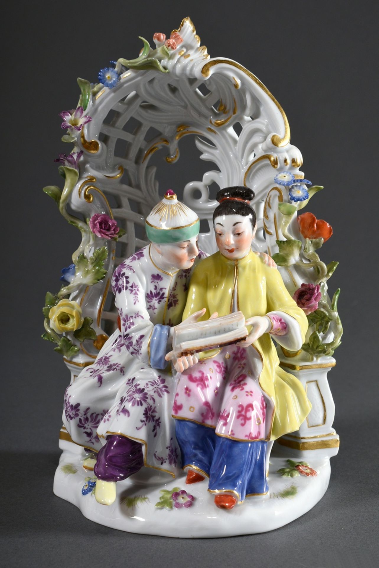Meissen group "Japanese couple in a summer house", polychrome painted, designed by Peter Reinicke a