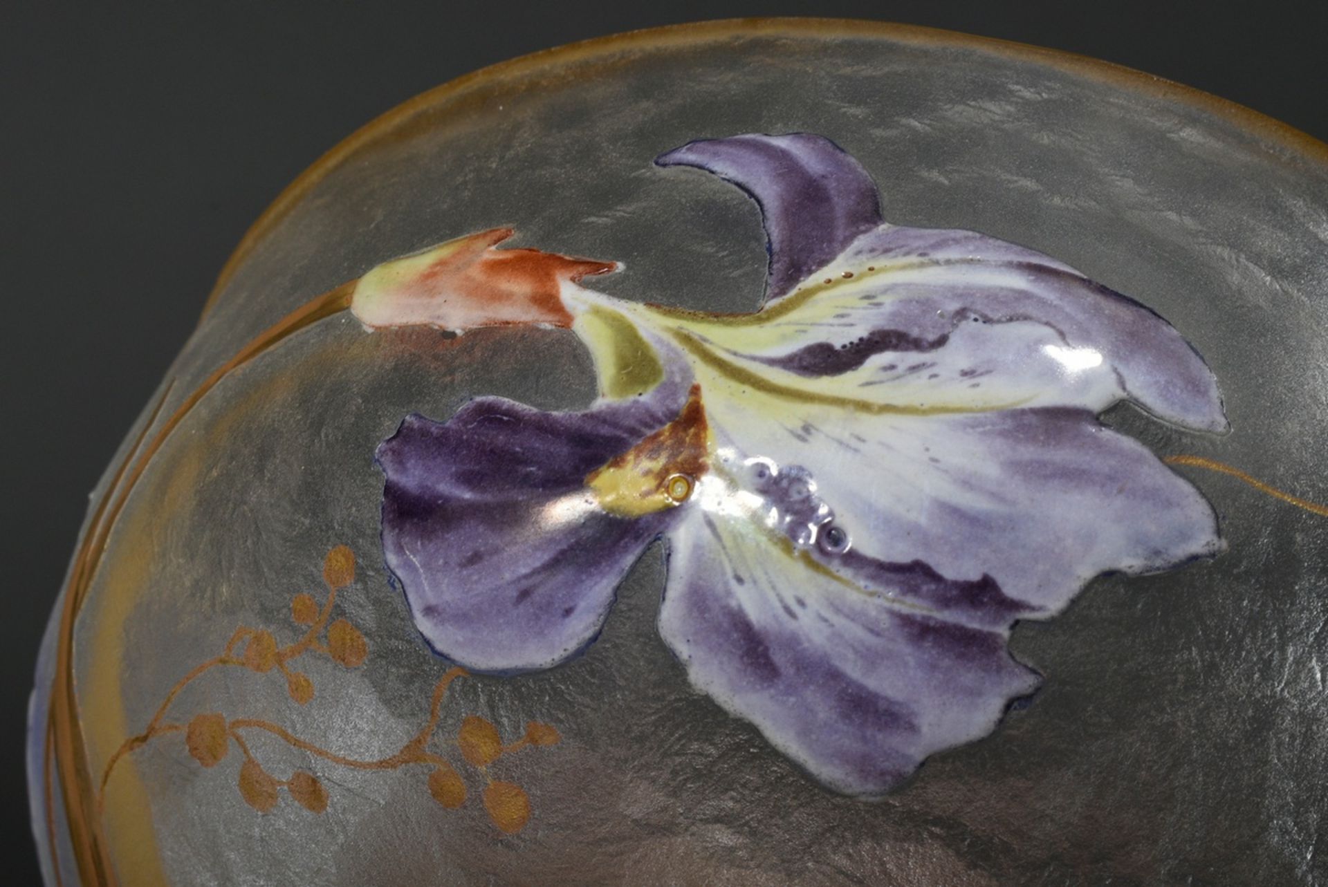 Jugendstil Schale mit naturalistischer polychromer Emaille Malerei "Irisblüten" auf mattiertem Glas - Bild 6 aus 6