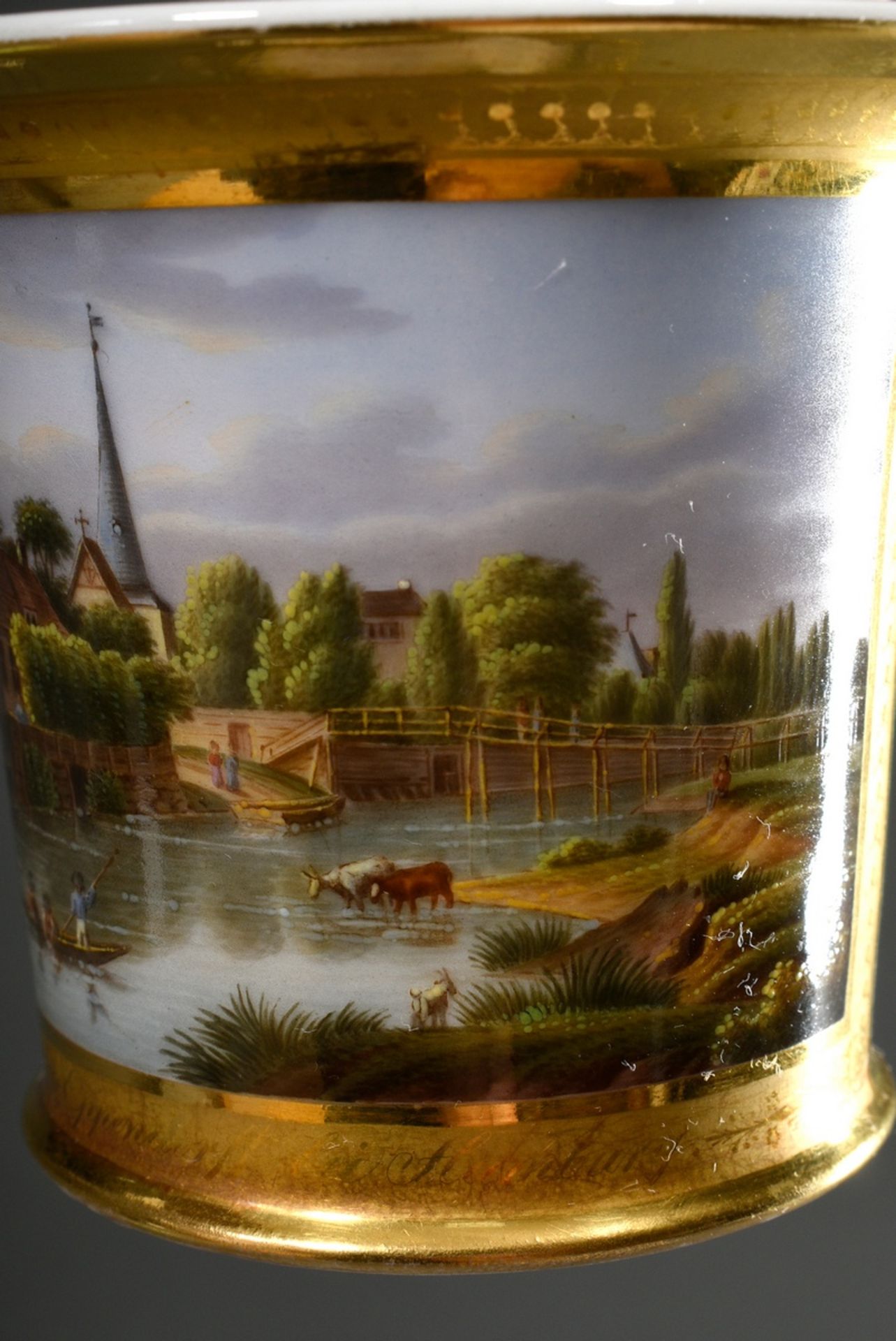 Biedermeier view cup with flawless painting "Leinpfad mit Eppendorfer Kirche" on dark green backgro - Image 6 of 6