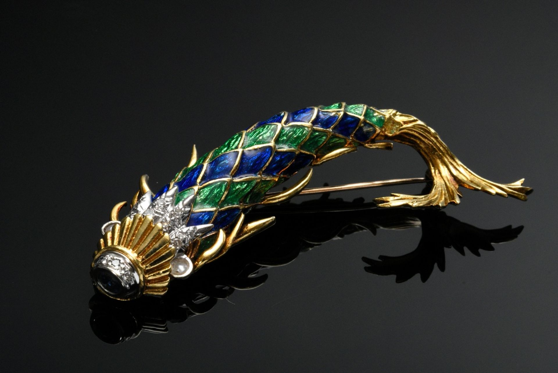 Decorative yellow and white gold 750 "fish" pin with blue-green enamel inlays, octagonal diamonds (