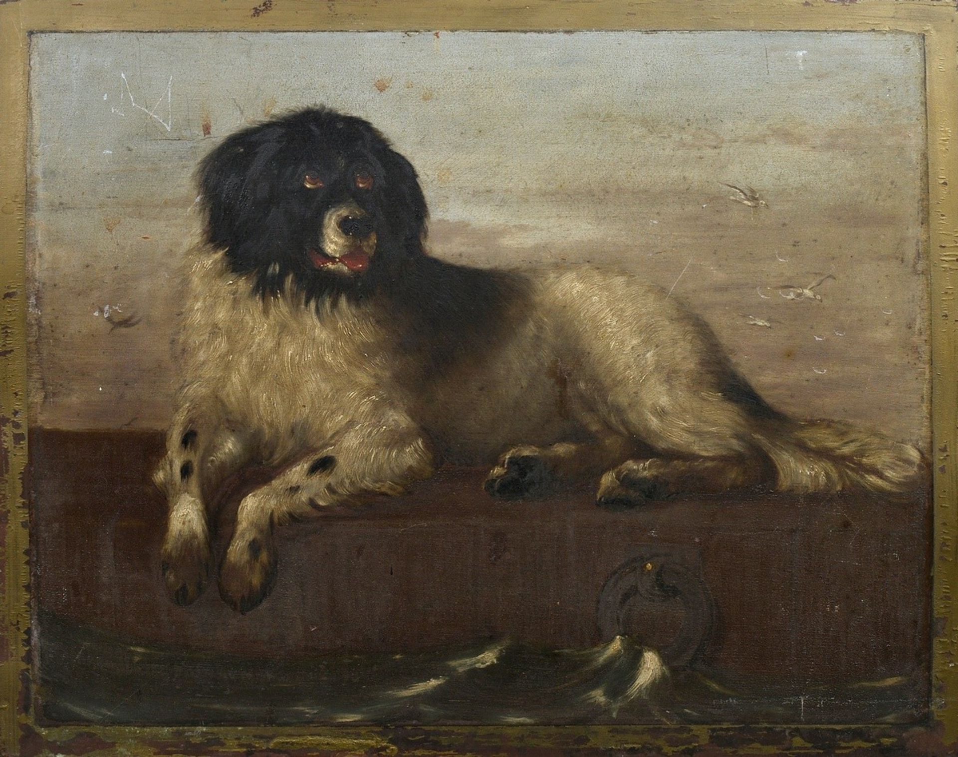 Unbekannter Künstler des 19.Jh. "Liegender Landseer an Hafenmole", Öl/Holz, 39,5x50cm, kleine Defek