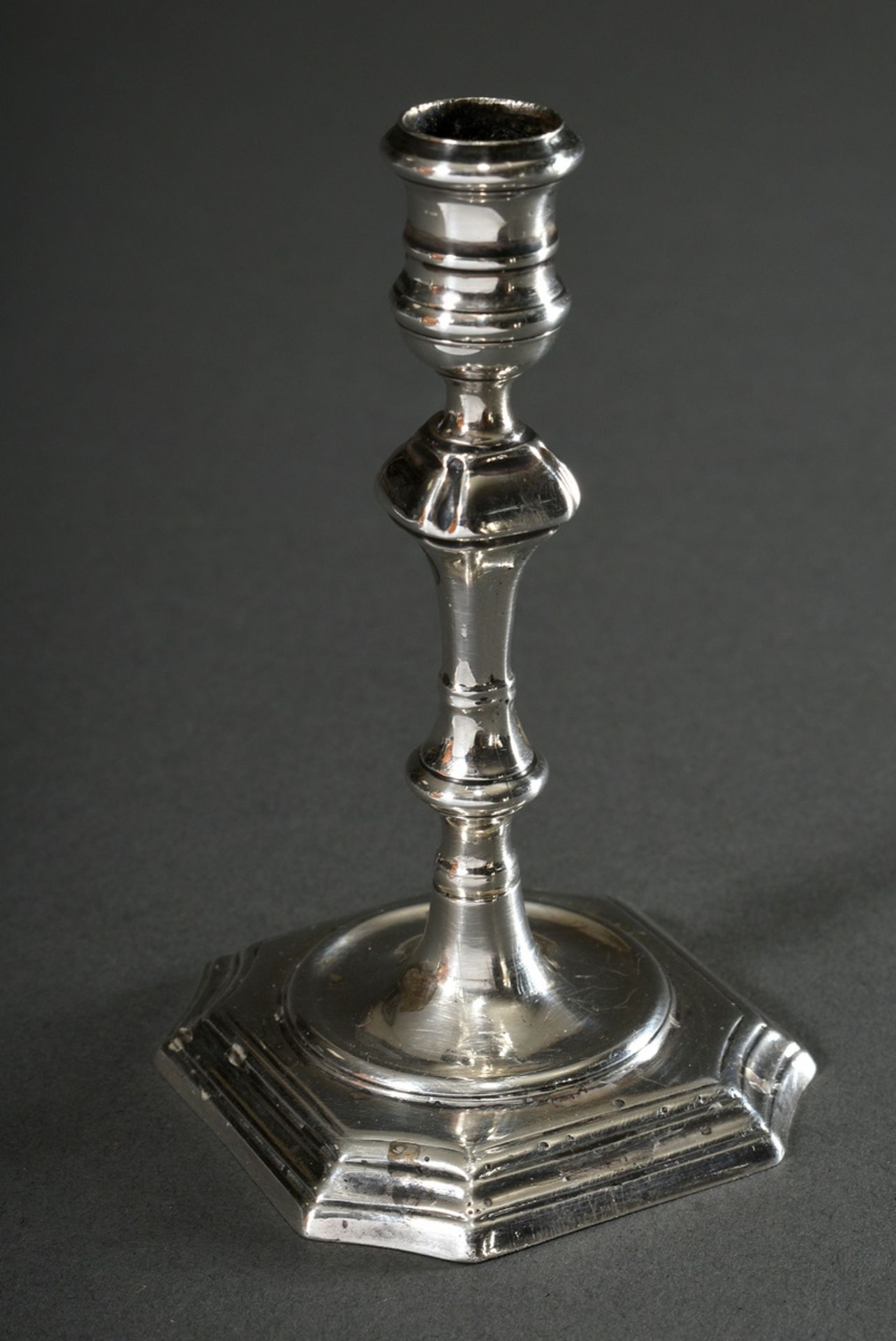 Miniature candlestick of English baroque shape with angular baluster stem on square base with inden - Image 2 of 3