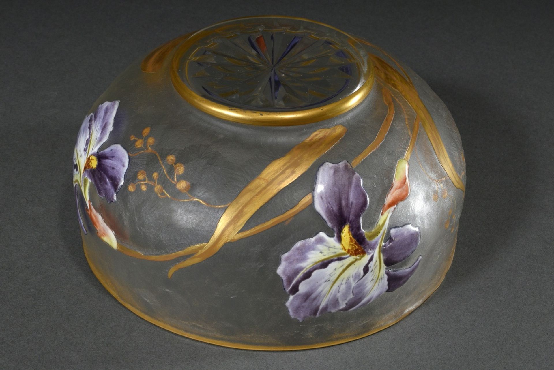 Jugendstil Schale mit naturalistischer polychromer Emaille Malerei "Irisblüten" auf mattiertem Glas - Bild 3 aus 6