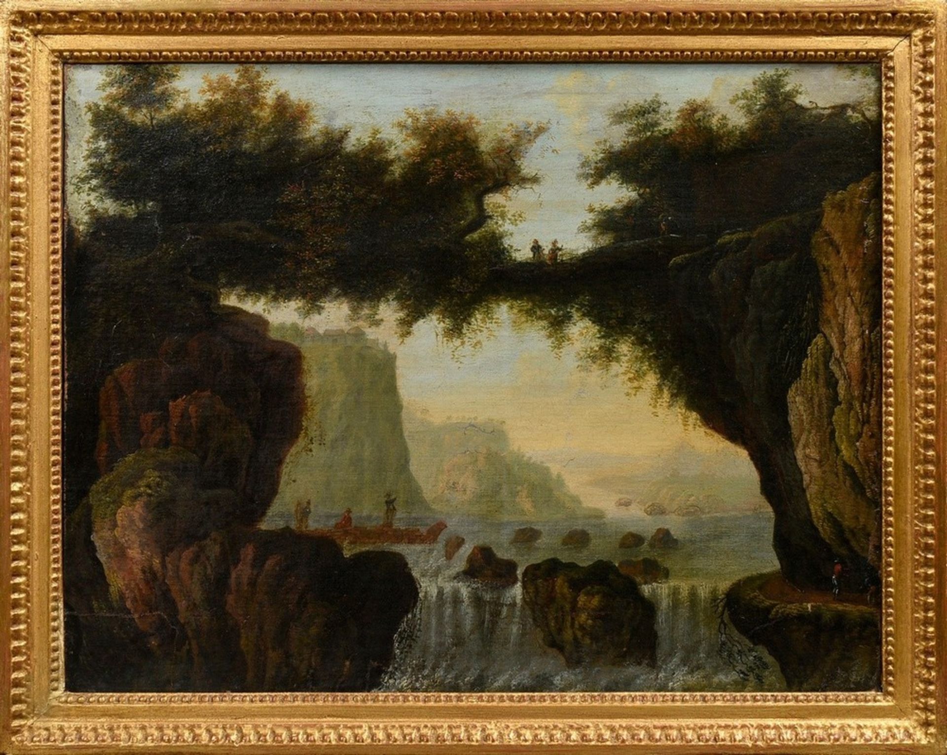 Unbekannter Künstler um 1780 "Ideale Landschaft mit Wasserfall und Personenstaffage", Öl/Leinwand,  - Bild 2 aus 5