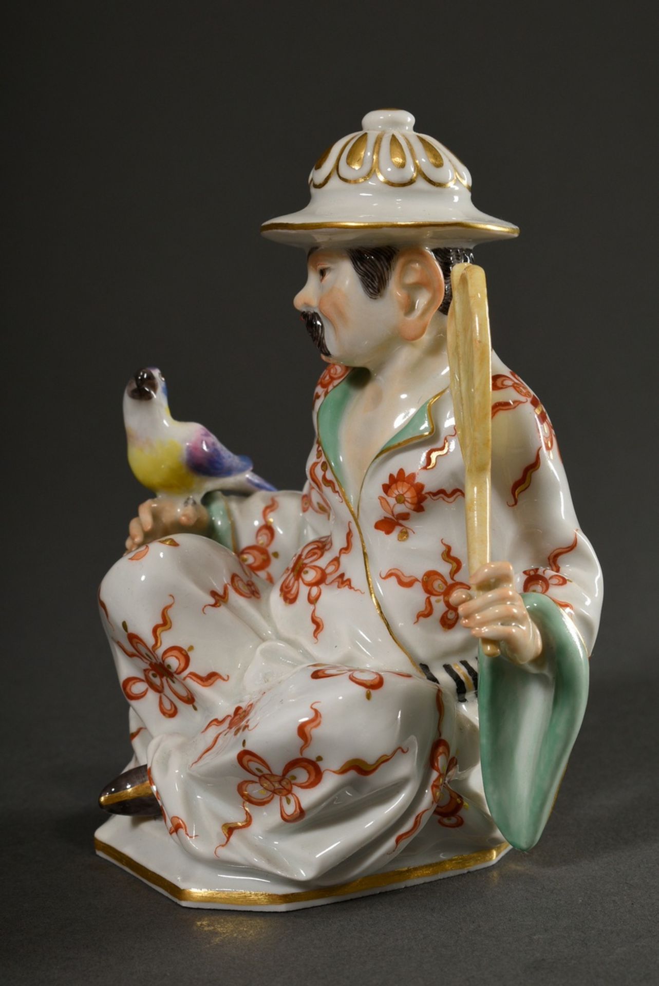 Polychrom staffierte Meissen Figur „Chinese mit Papagei und Fächer“, Entw.: Johann Joachim Kändler, - Bild 4 aus 5