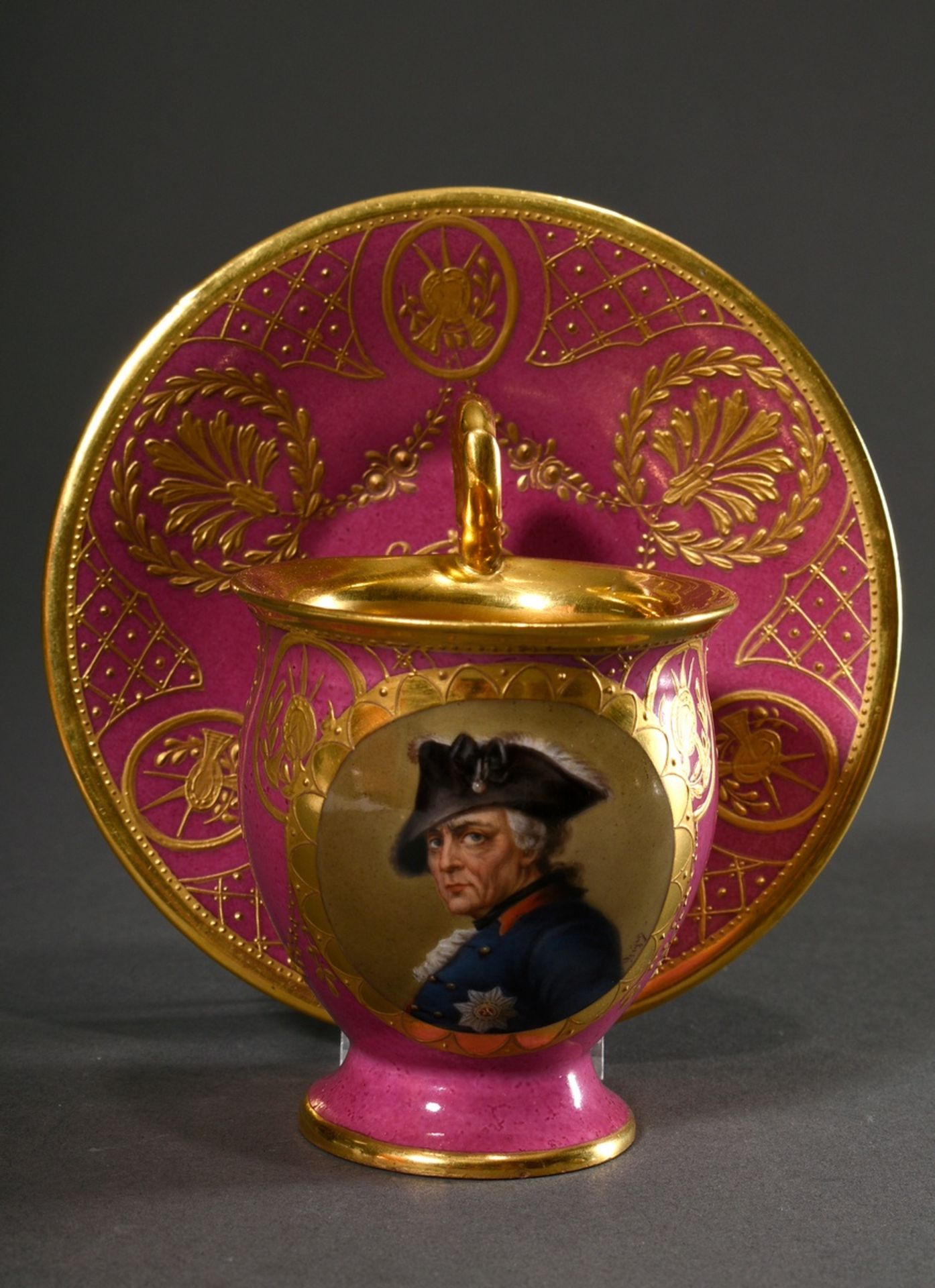 Porcelain cup in Empire shape with flawless portrait reserve "Alter Fritz" (signed Geyer) on rosé b