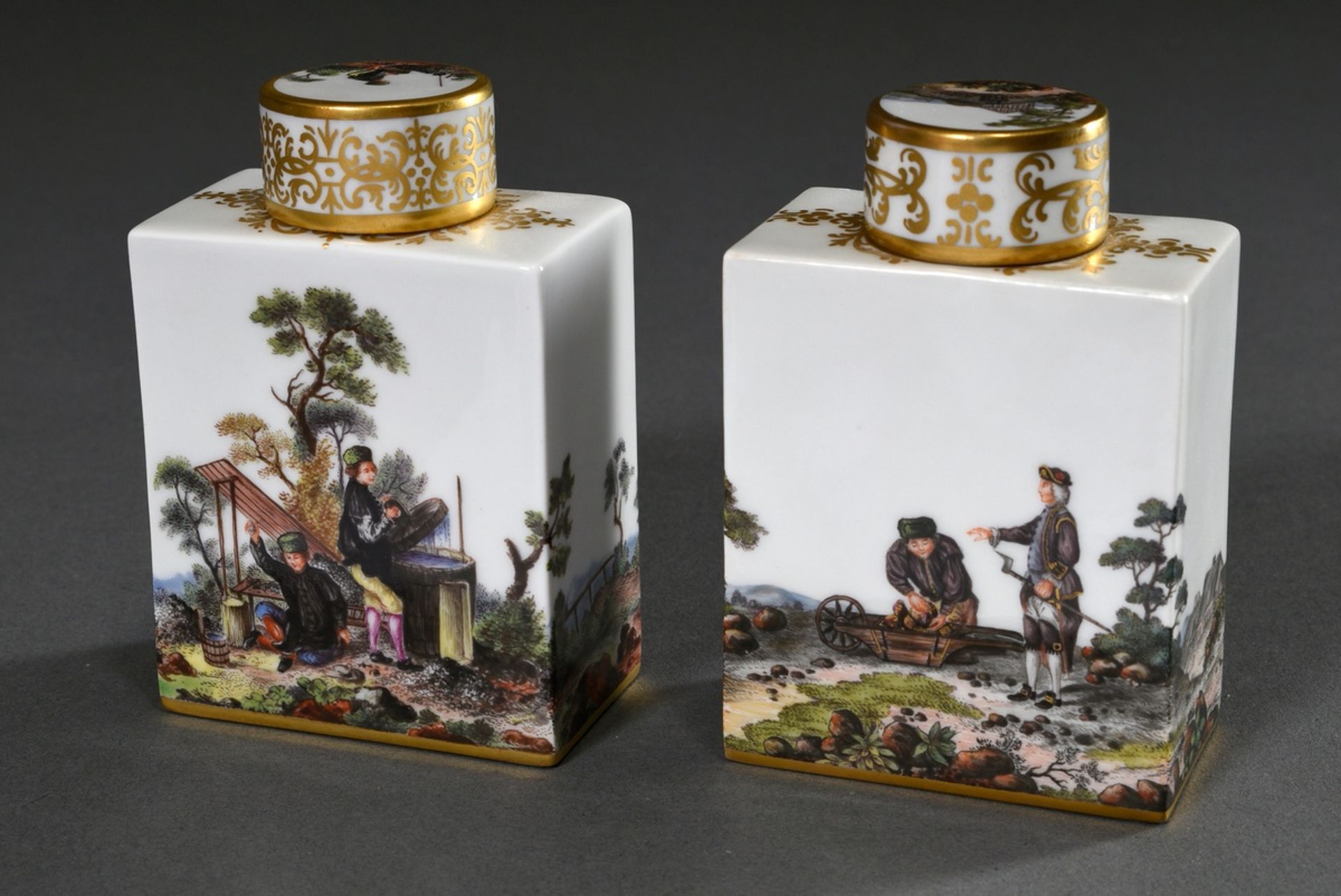 Pair of Meissen tea caddies with very fine polychrome painting "Miner motifs" after Bonaventura Got - Image 2 of 6