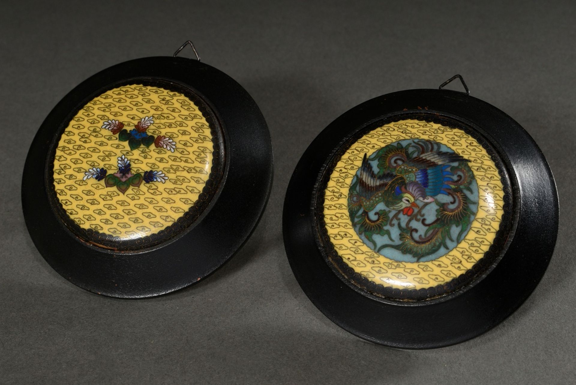 2 Round Cloisonné Tondi "Phoenix" and "Flowers" on yellow cloud background, Japan, c. 1900, Ø 7.5/1