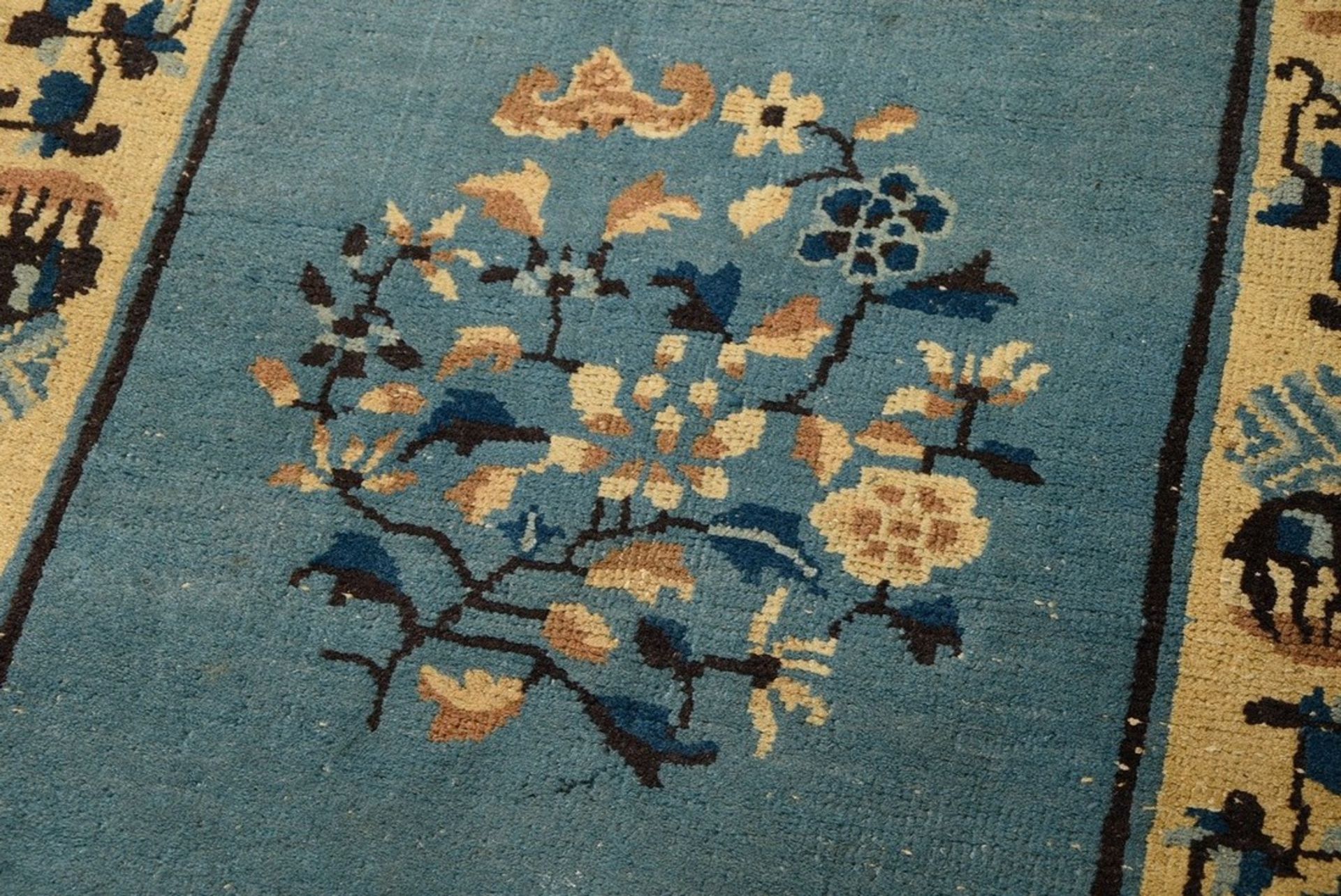 Chinese bridge "twigs and bat" on light blue field with light floral border and Shou characters in  - Image 3 of 8