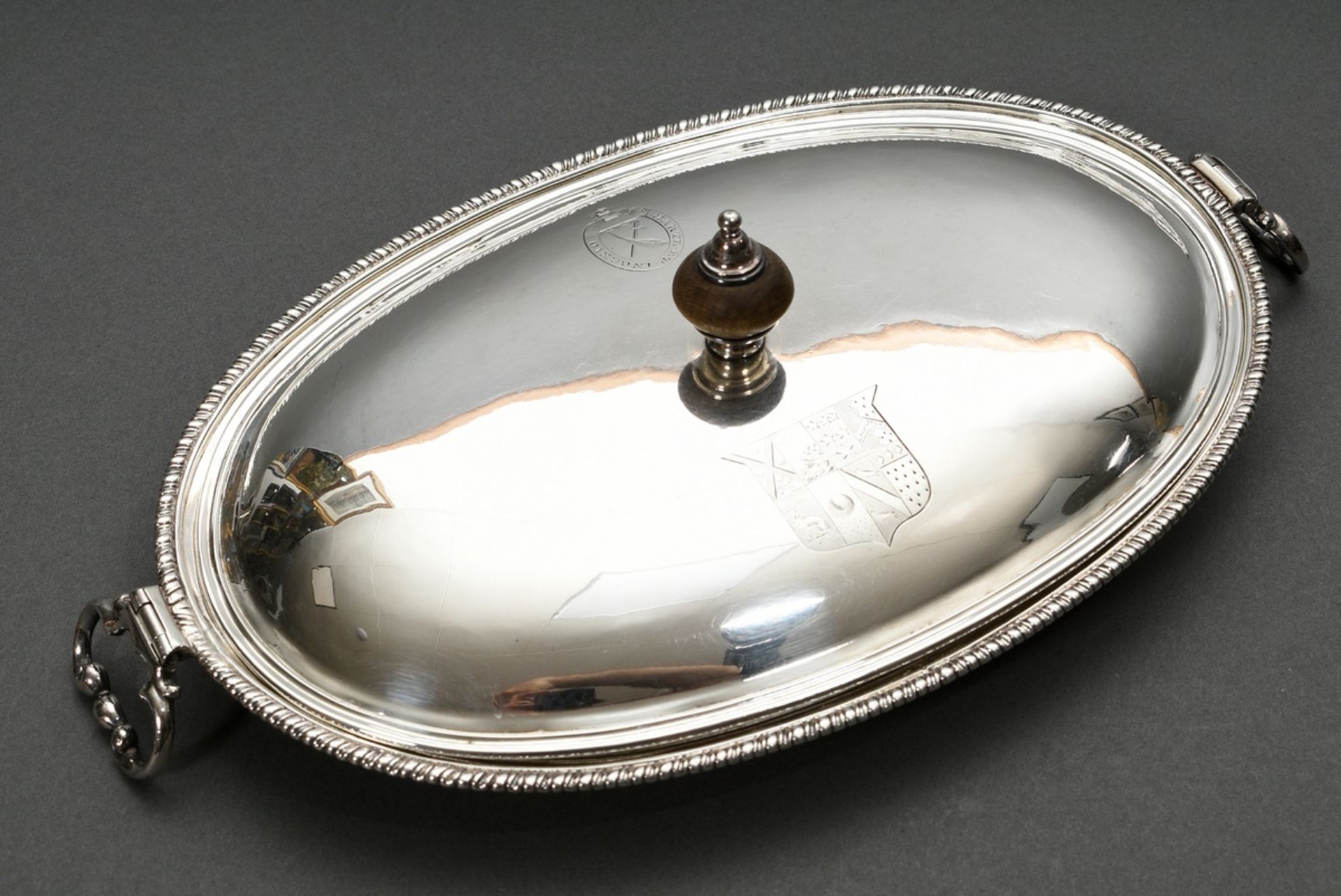 Elegant flat oval lidded bowl with movable handles, fluted rim and ebonized lid knob and engraved H - Image 2 of 7