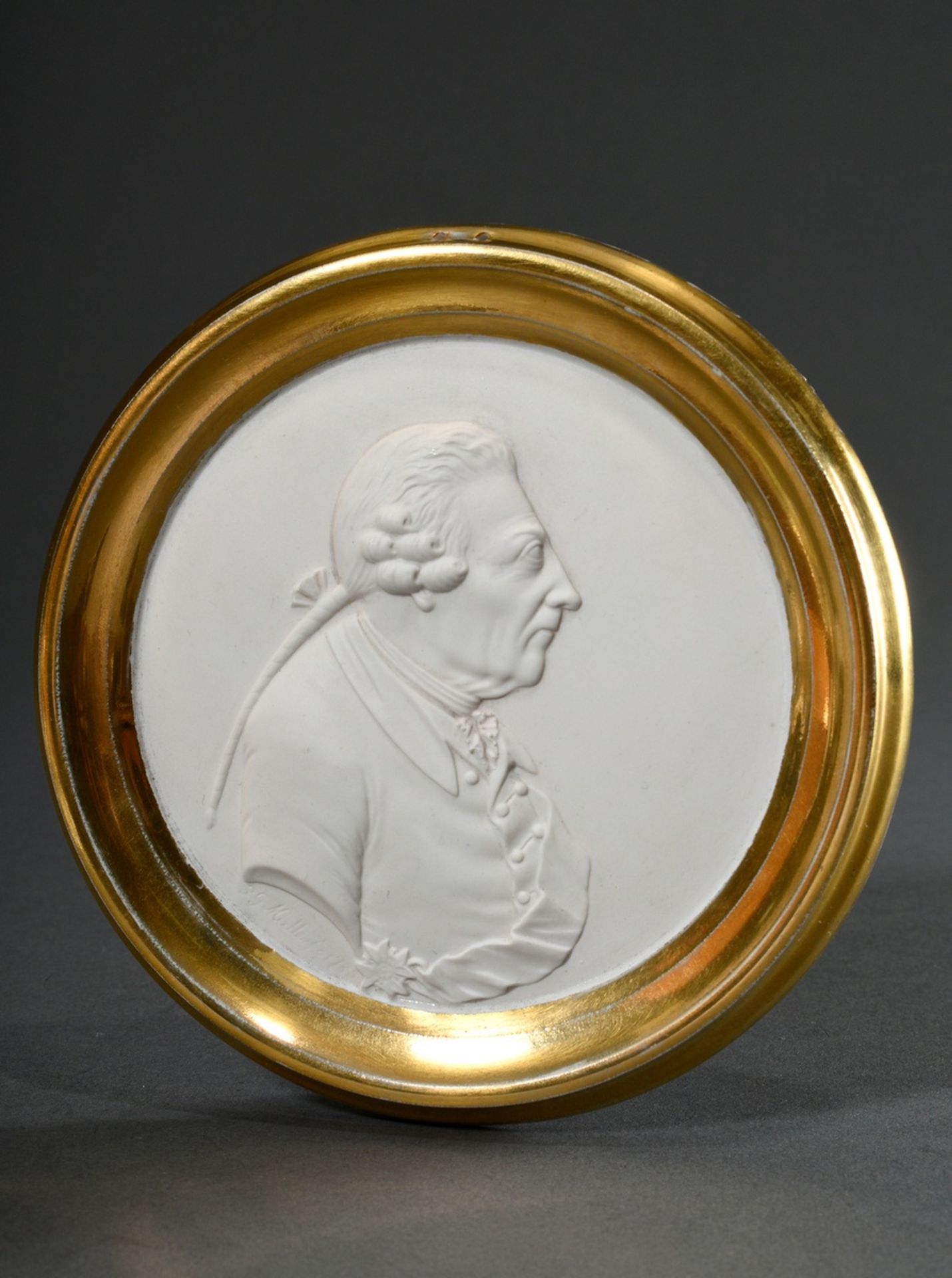 KPM Bisquit porcelain portrait medallion "Frederick the Great" in half relief with gilded profile f