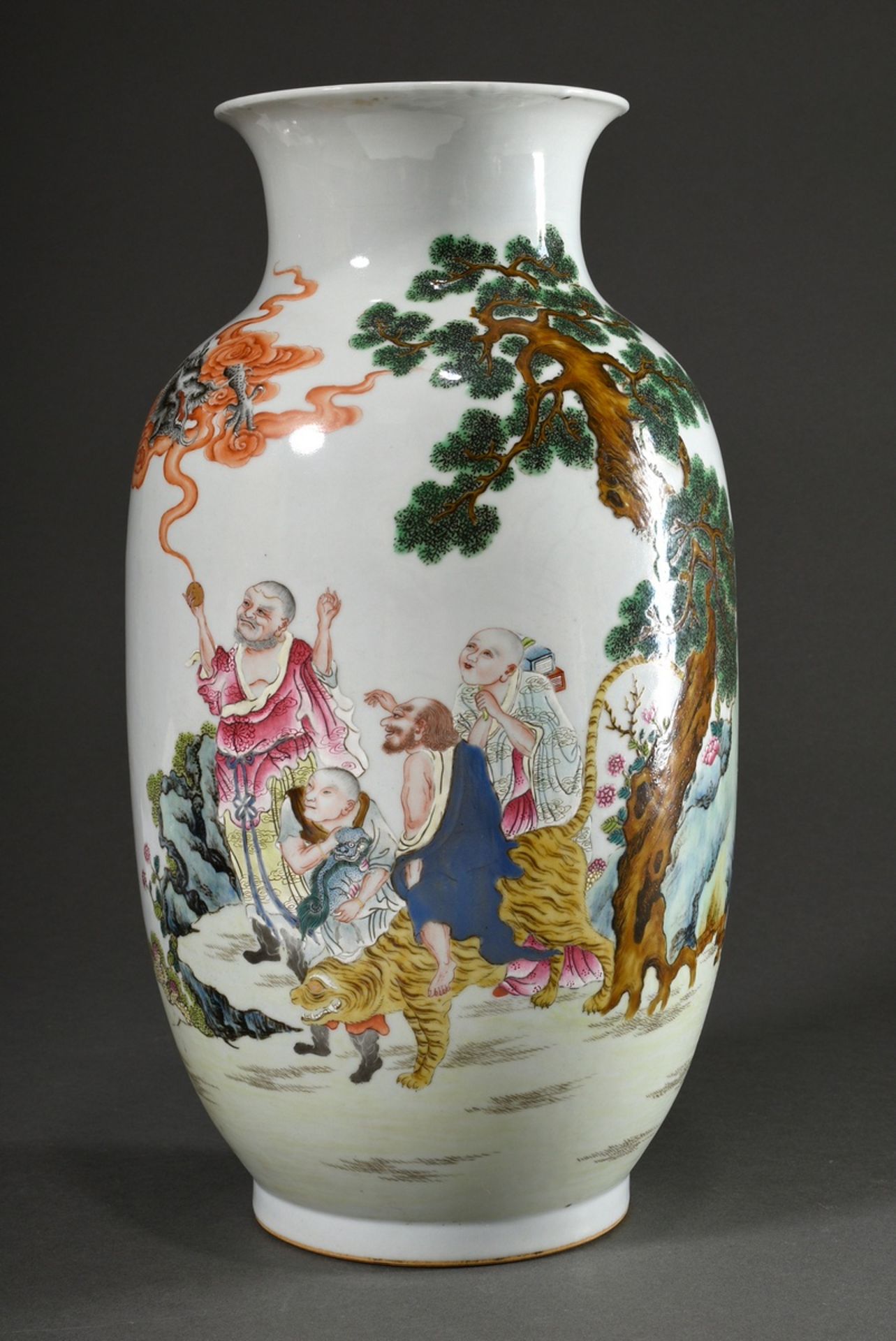 Baluster vase with fine polychrome painting "Eight Luohan", apocryphal seal mark "Mountain of the R - Image 3 of 9