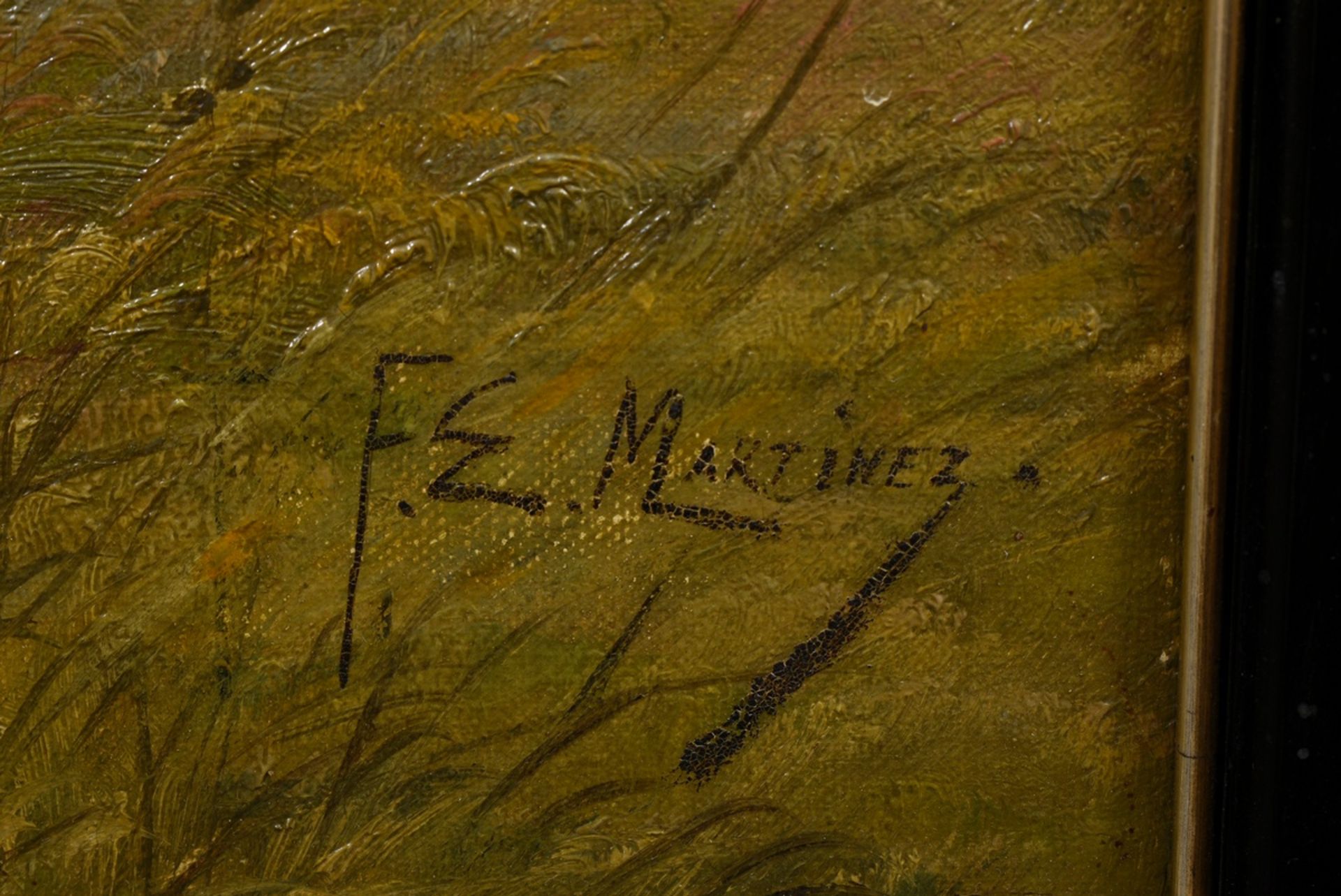 Martinez, F.E. (19th c.) "Hunting dogs retrieving a pheasant", oil/canvas, lower right sign., Dutch - Image 3 of 6