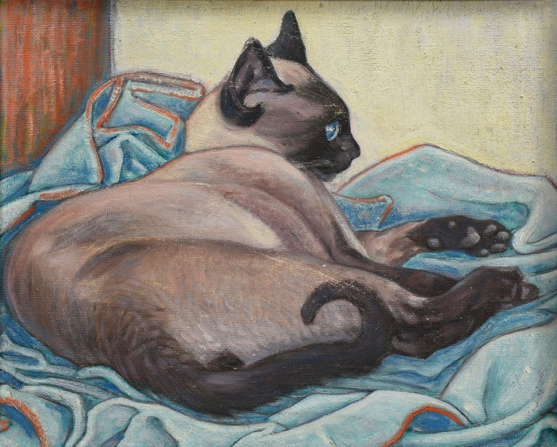 Fredderich, Rudolf (1886-1976) "Siamese cat on blanket", oil/canvas mounted on board, 39,5x49cm (w.