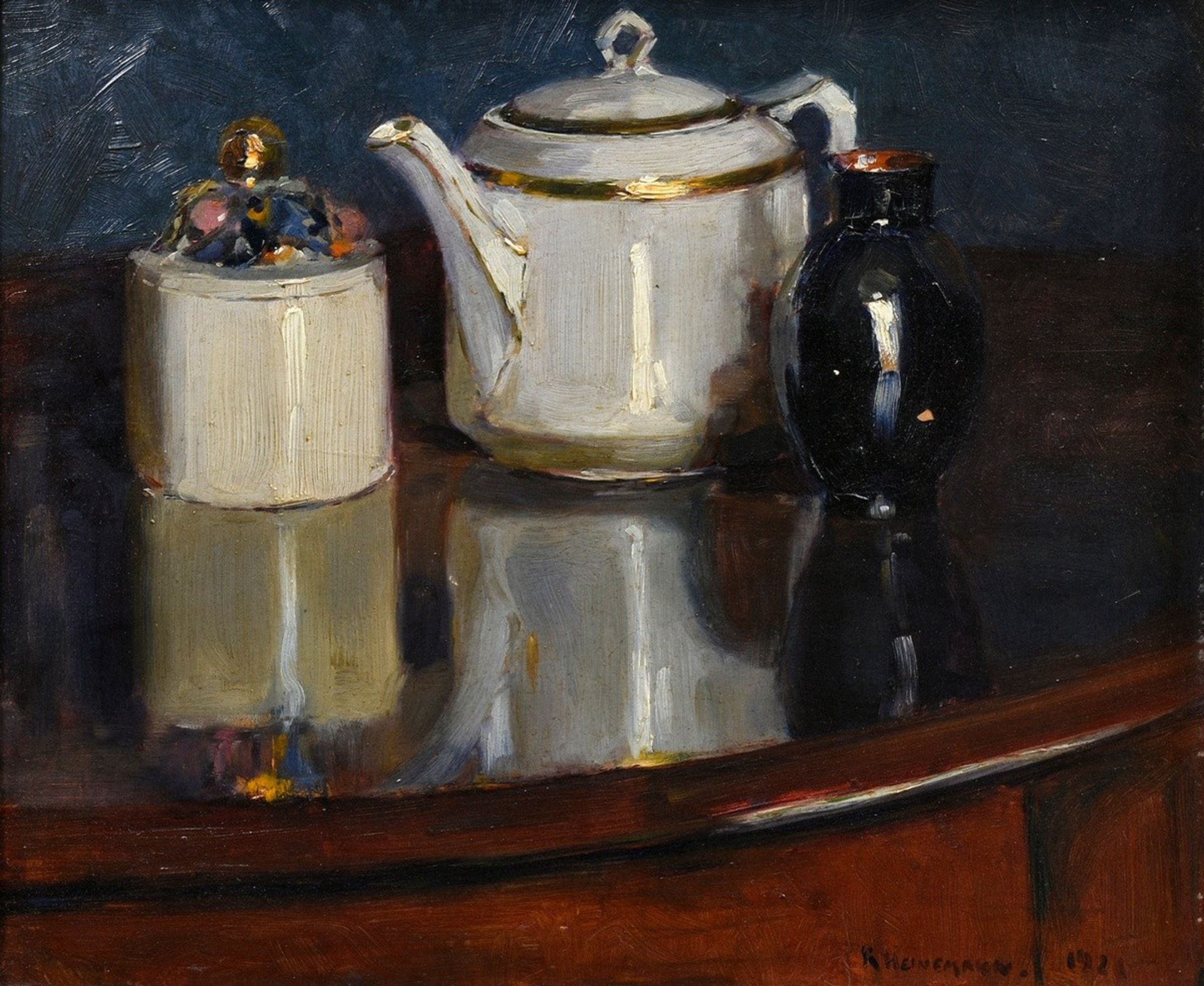 Heinemann, Reinhard W. (1895-1967) "Still Life with Teapot, Sugar Pot and Vase" 1921, oil/cardboard