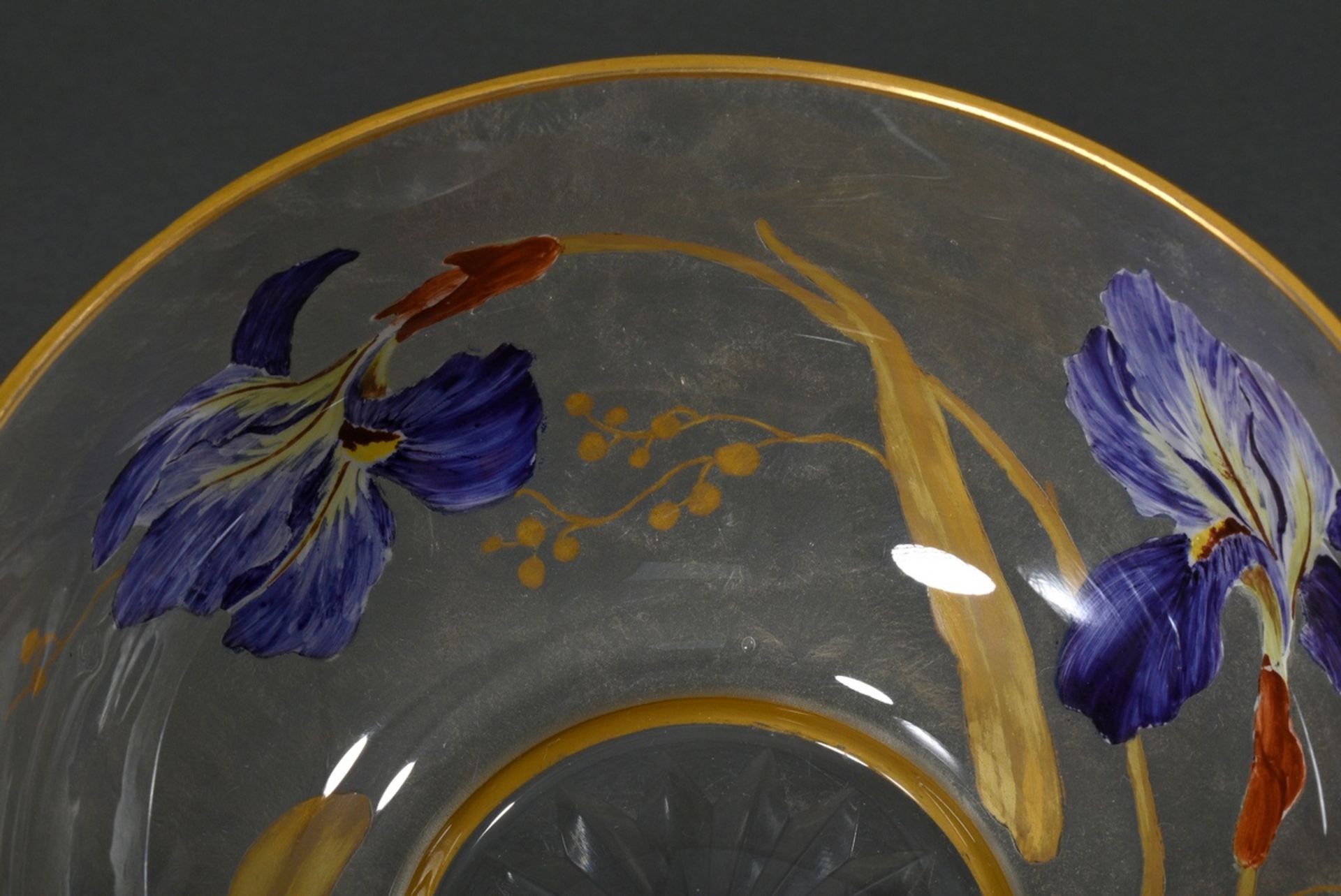 Jugendstil Schale mit naturalistischer polychromer Emaille Malerei "Irisblüten" auf mattiertem Glas - Bild 4 aus 6