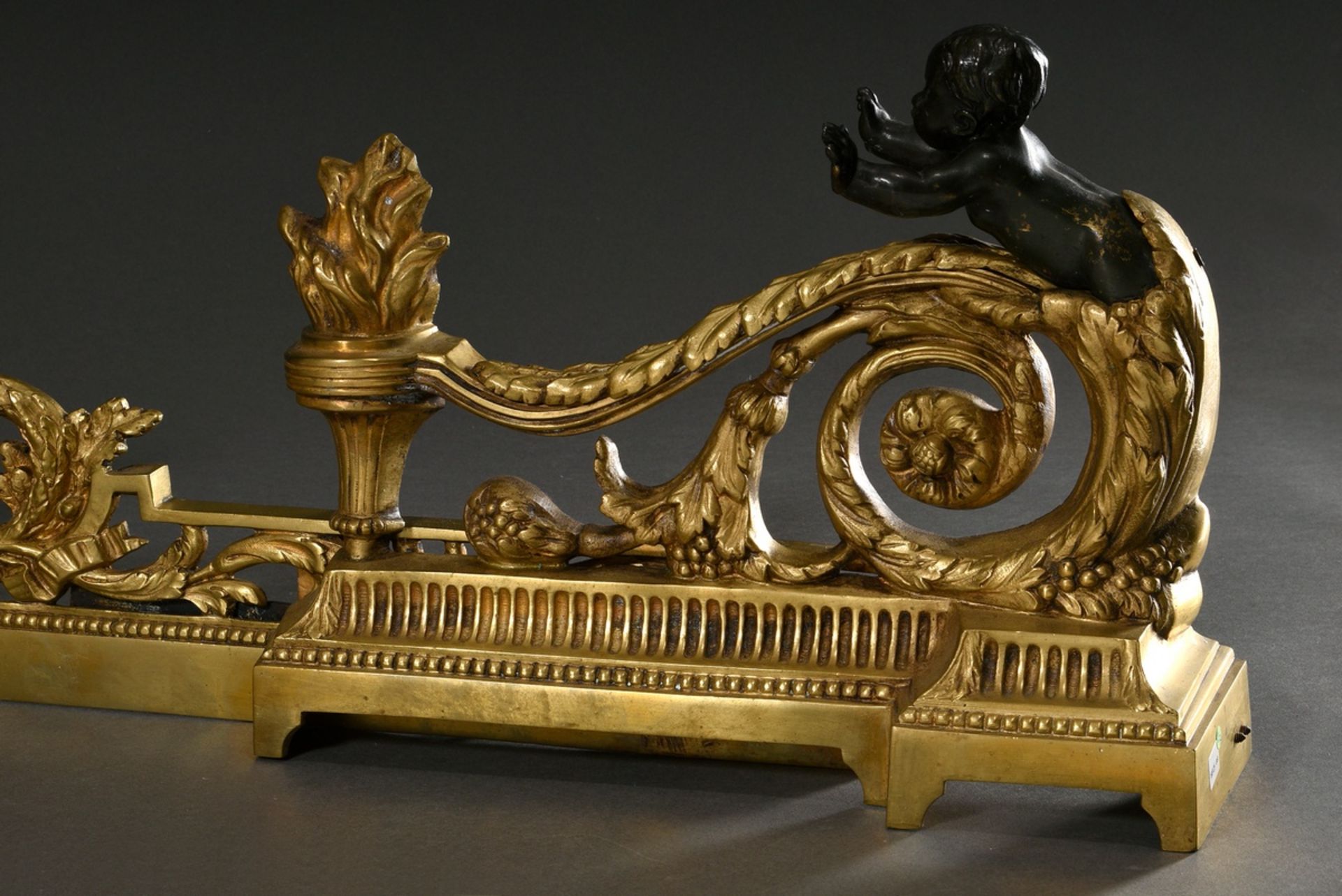 French brass mantelpiece in Louis XVI style with leaf volutes, flame vases and laurel wreath motif, - Image 2 of 7