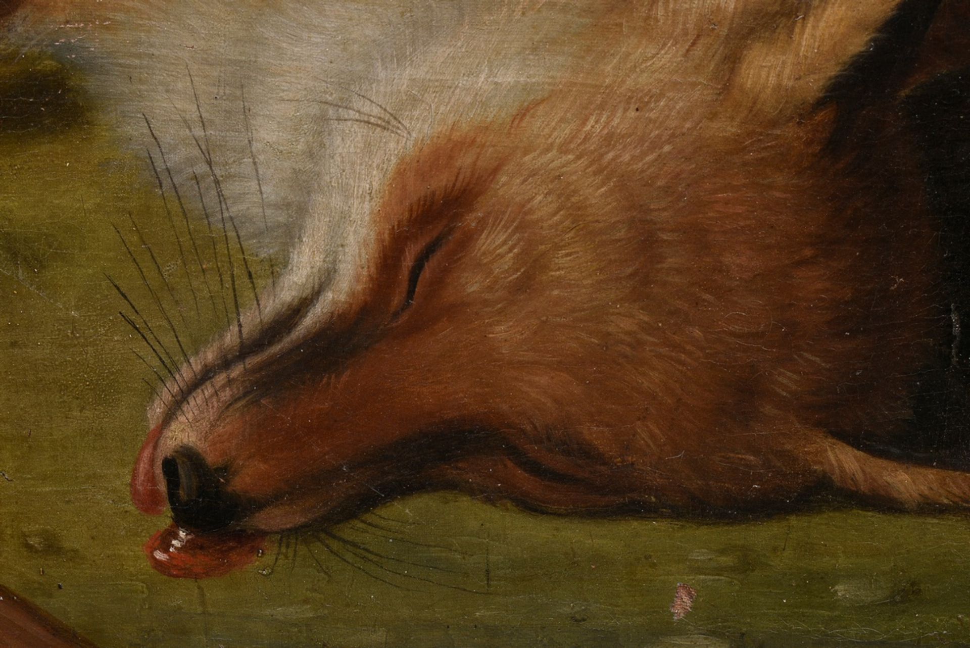 Unknown painter of the 19th c. "Hunting prey fox and hare", oil/canvas doubled, 71,5x84cm (w.f. 86, - Image 5 of 8