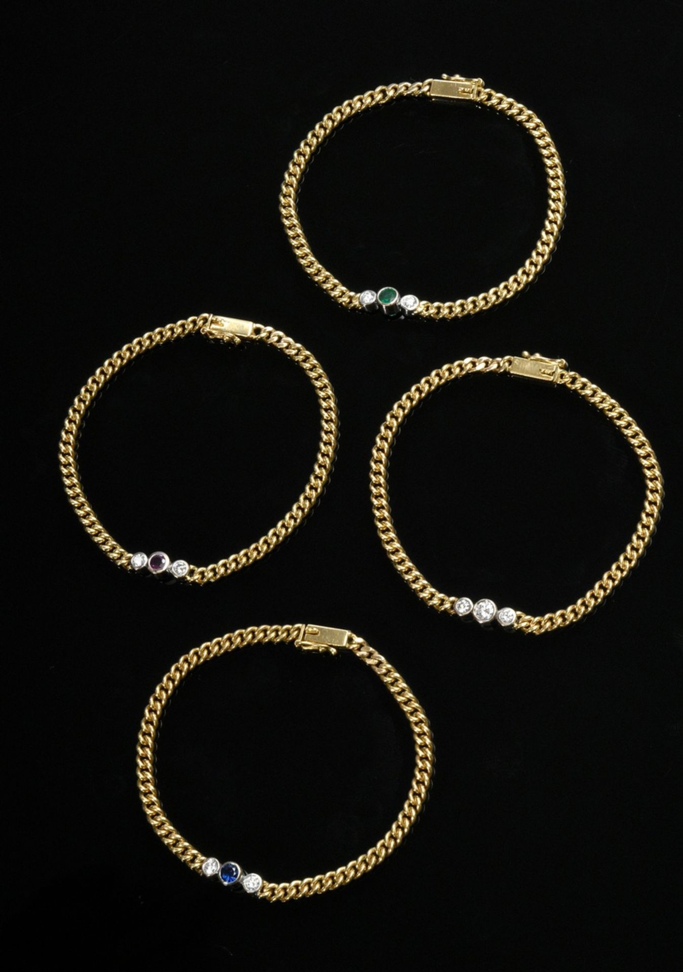 4 yellow gold 750 round bracelets with emerald, ruby, sapphire (each 0.15ct) and 9 brilliants (toge