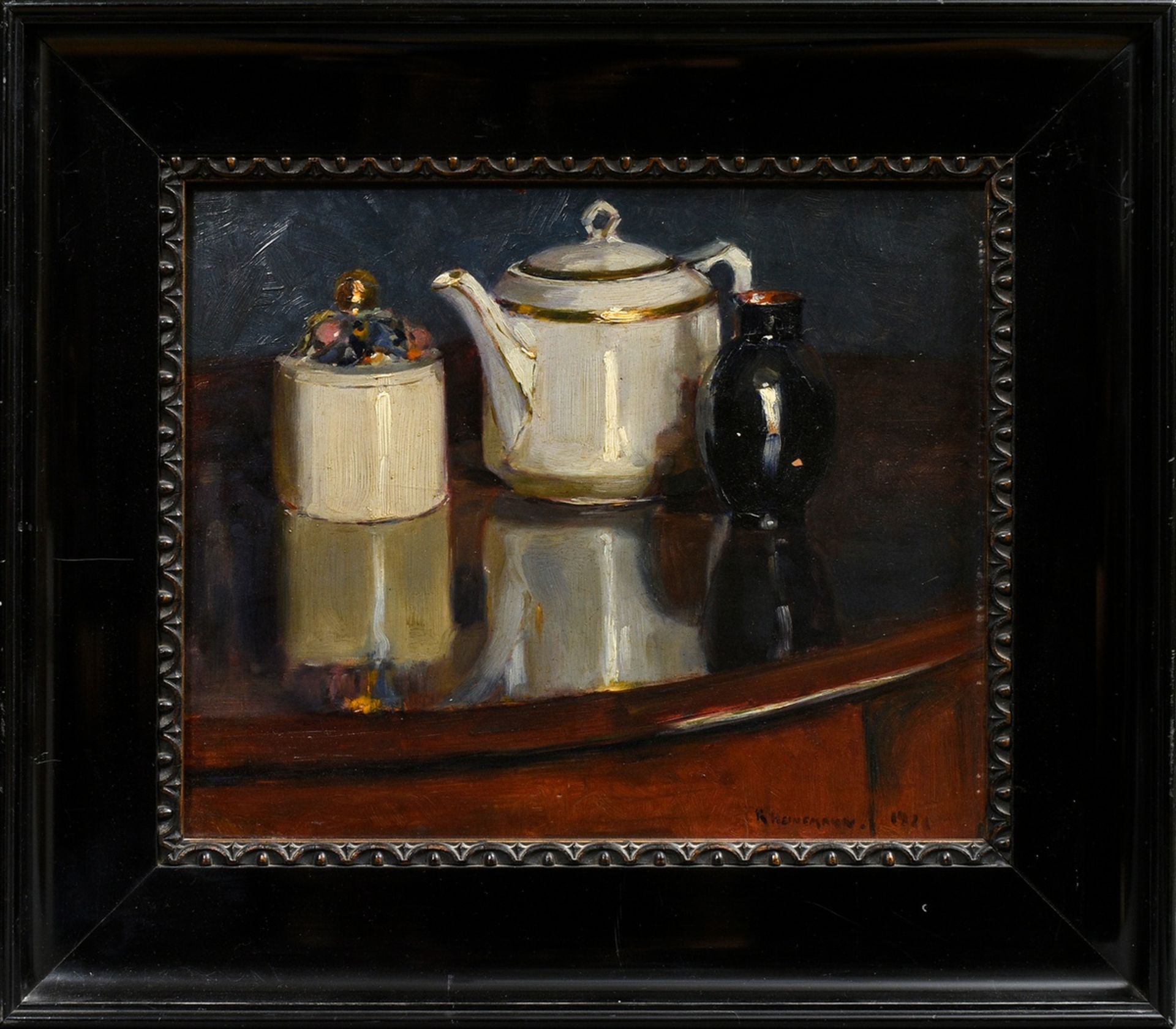 Heinemann, Reinhard W. (1895-1967) "Still Life with Teapot, Sugar Pot and Vase" 1921, oil/cardboard - Image 2 of 4