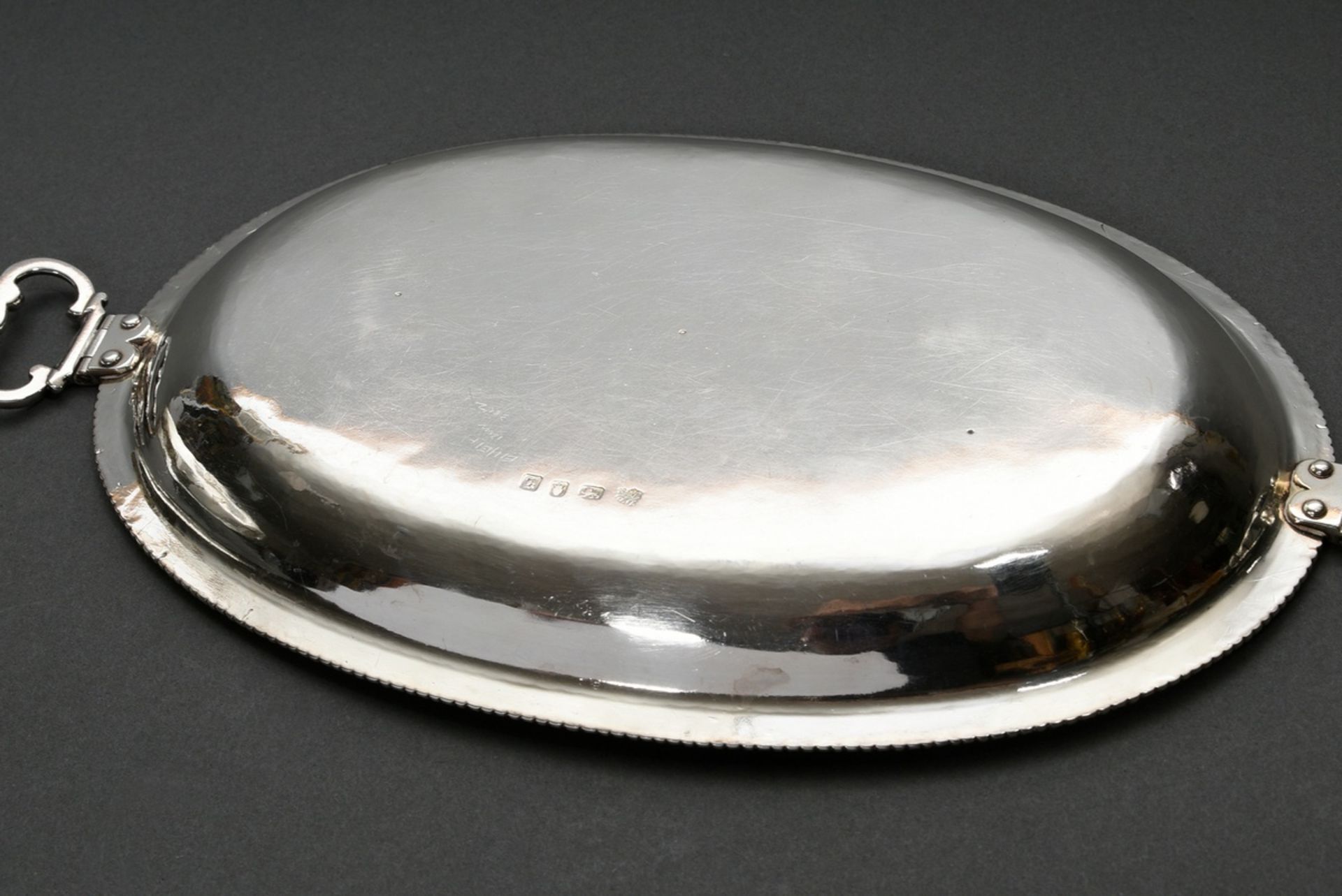 Elegant flat oval lidded bowl with movable handles, fluted rim and ebonized lid knob and engraved H - Image 6 of 7