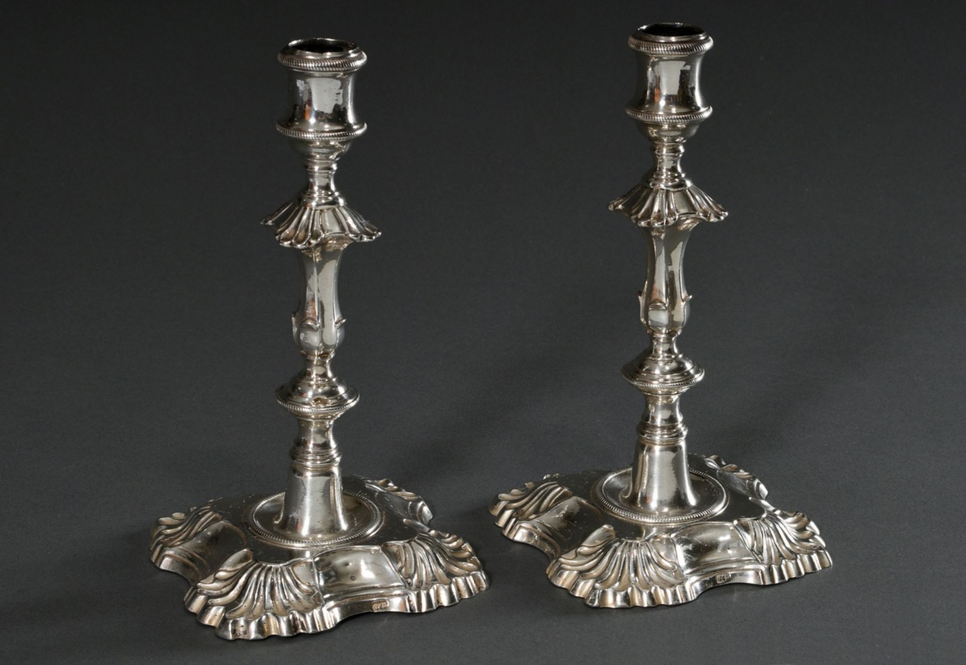 Pair of representative George II candlesticks on square footed base with indented sides and shell d - Image 2 of 7